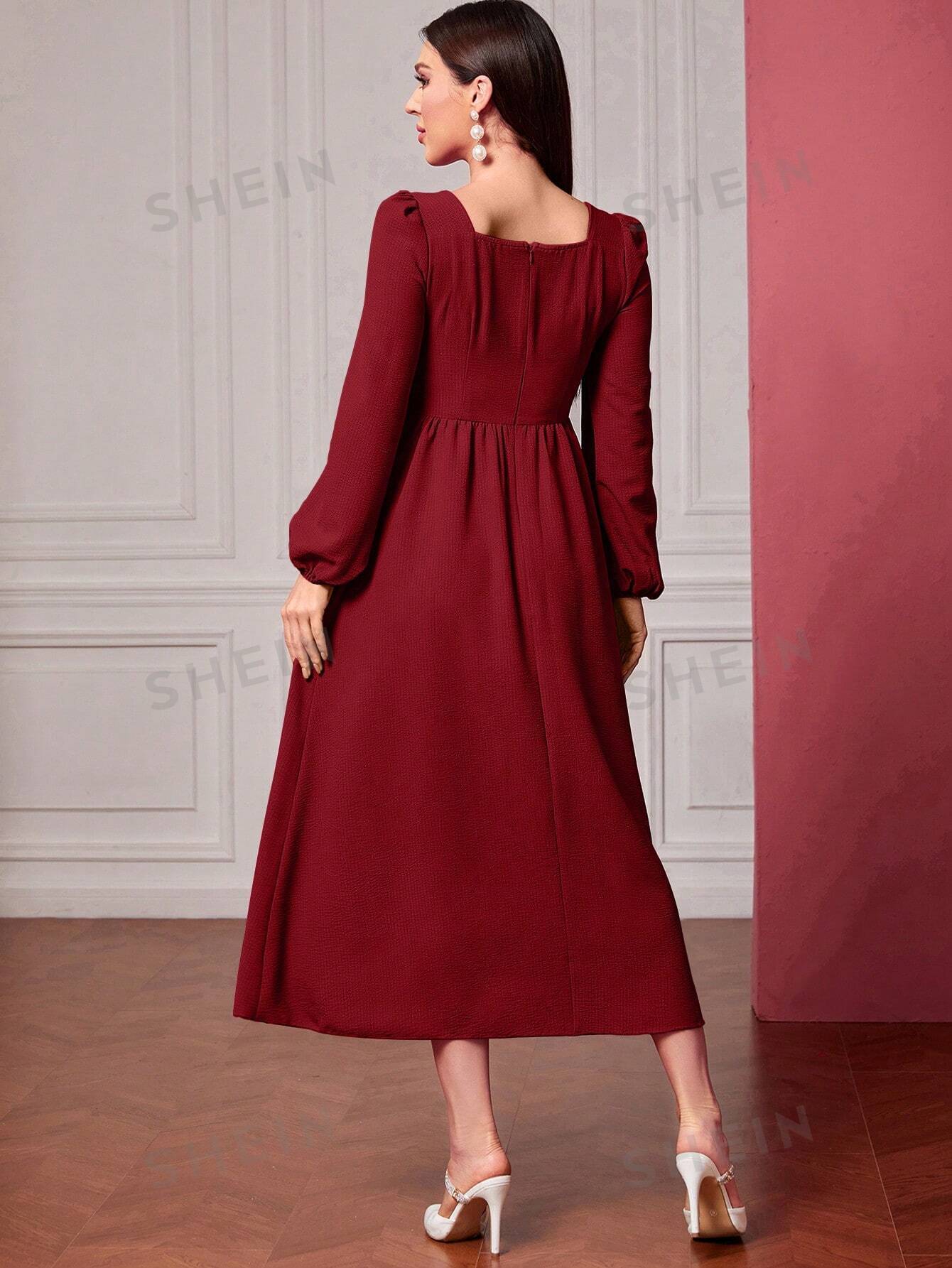 Buy SHEIN Modely Square Neck Ruched Front Lantern Sleeve Dress in Pakistan