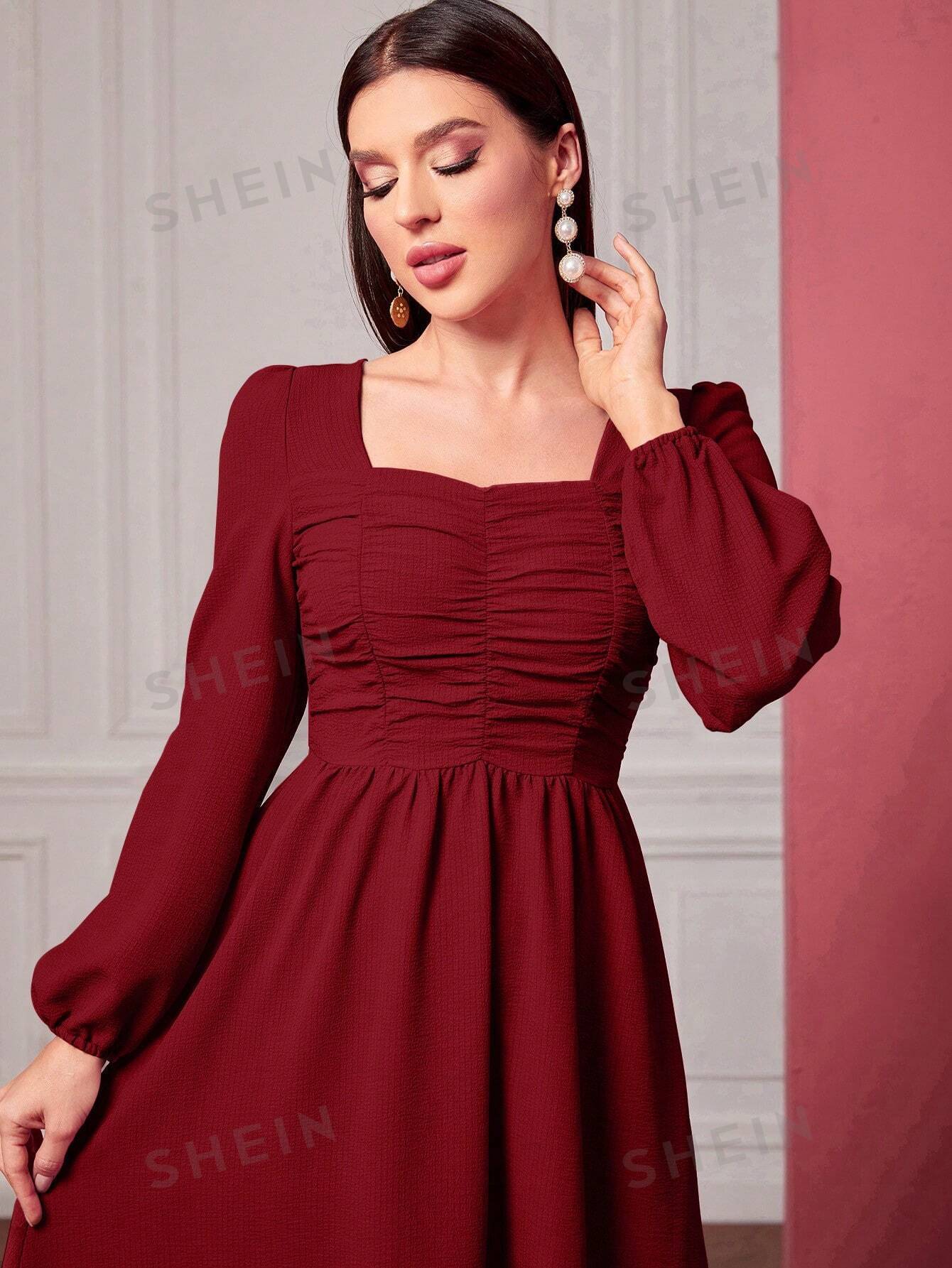Buy SHEIN Modely Square Neck Ruched Front Lantern Sleeve Dress in Pakistan