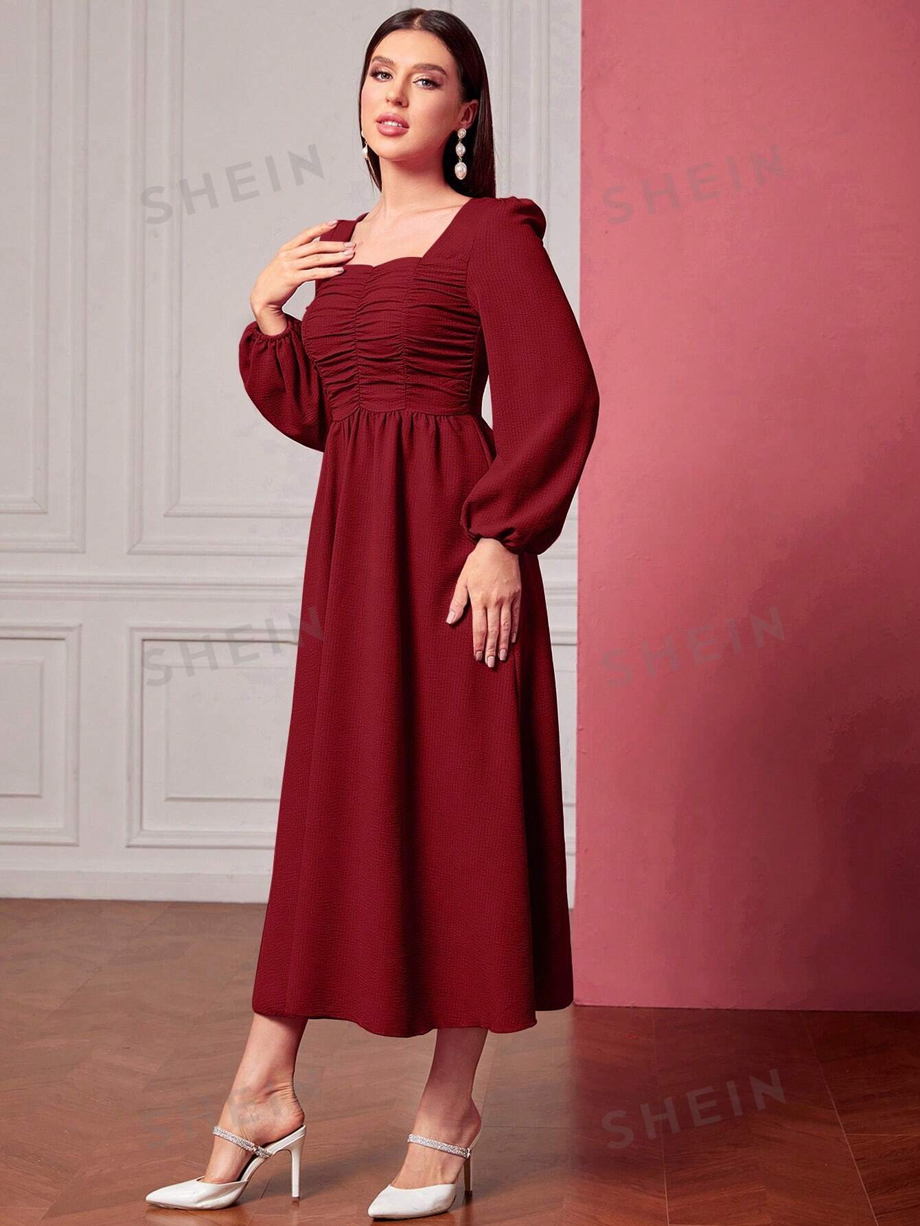 Buy SHEIN Modely Square Neck Ruched Front Lantern Sleeve Dress in Pakistan