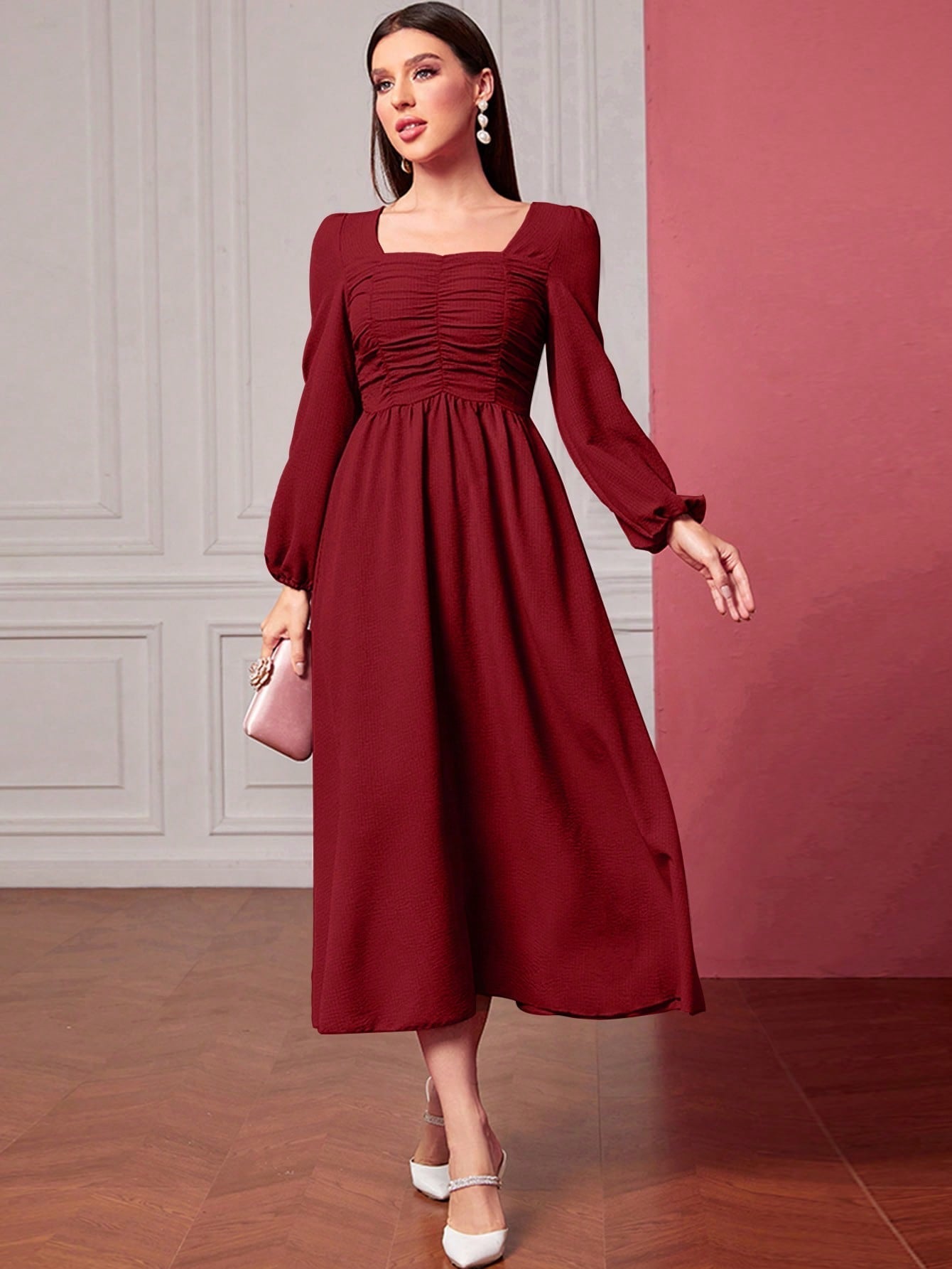 Buy SHEIN Modely Square Neck Ruched Front Lantern Sleeve Dress in Pakistan