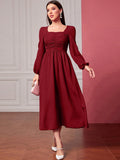 Buy SHEIN Modely Square Neck Ruched Front Lantern Sleeve Dress in Pakistan