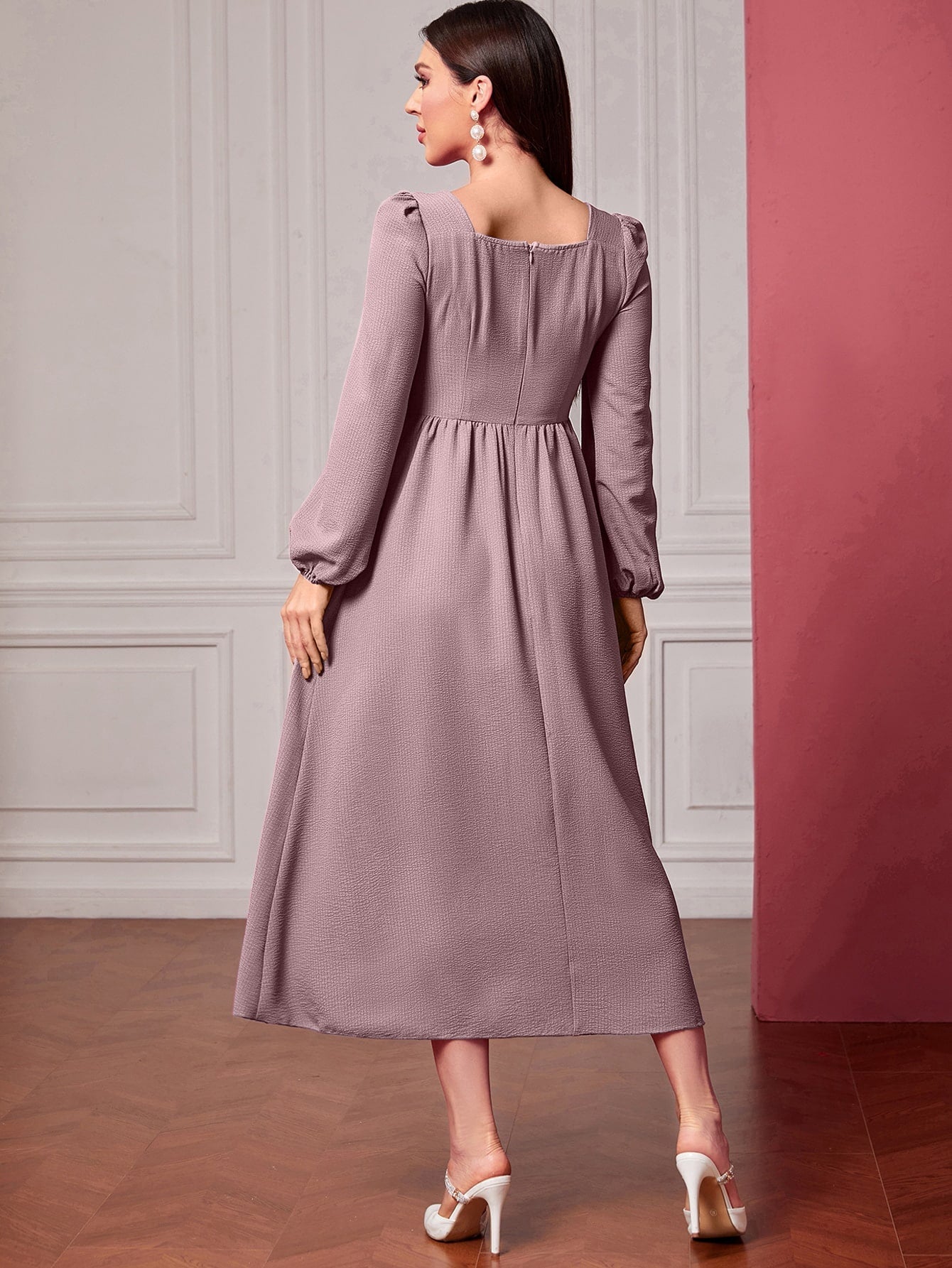 Buy SHEIN Modely Square Neck Ruched Lantern Sleeve Dress in Pakistan