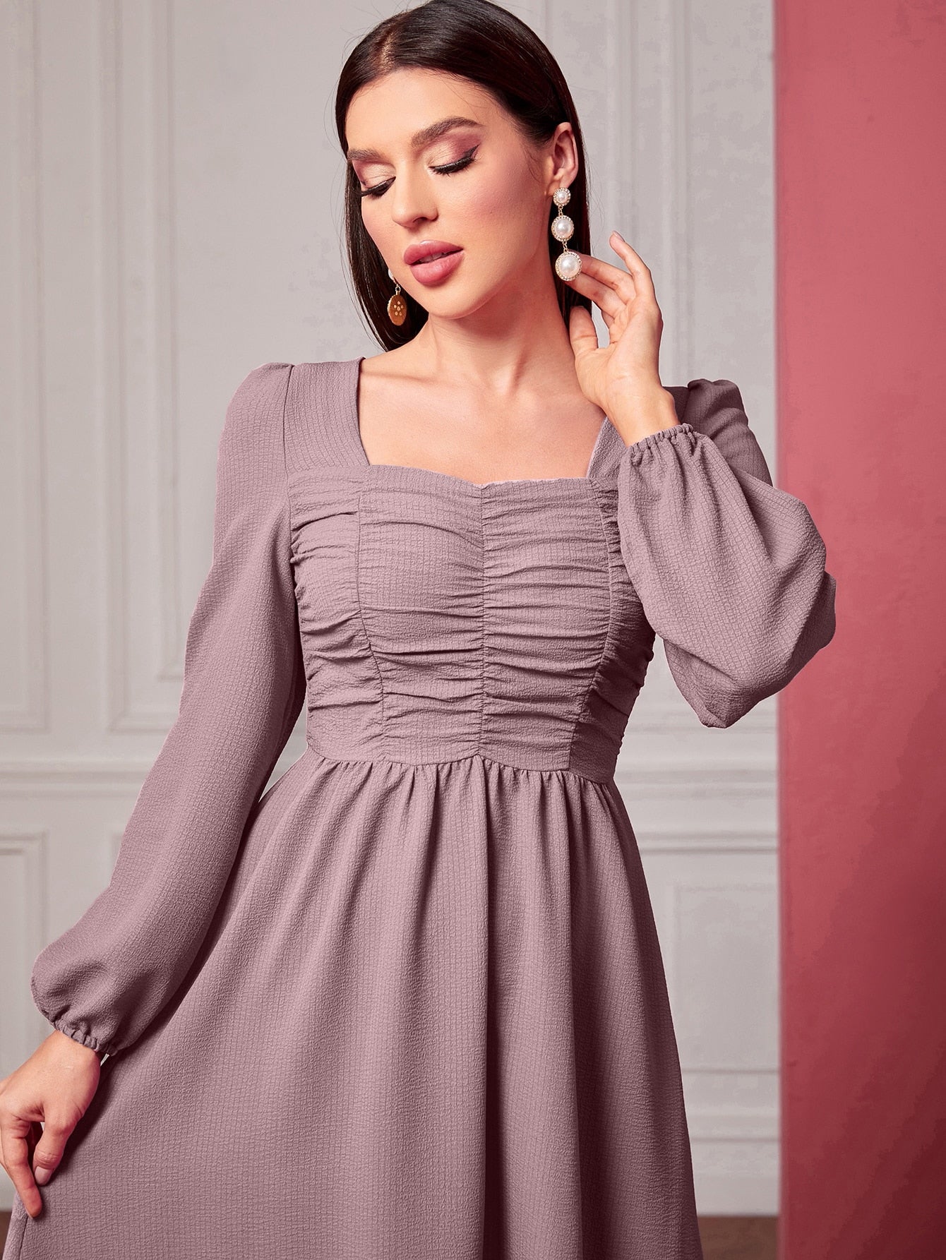 Buy SHEIN Modely Square Neck Ruched Lantern Sleeve Dress in Pakistan