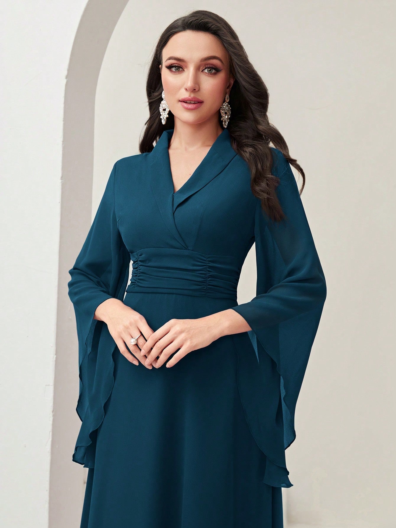 Buy SHEIN Modely Surplice Neck Flounce Sleeve Ruched Waist Dress in Pakistan