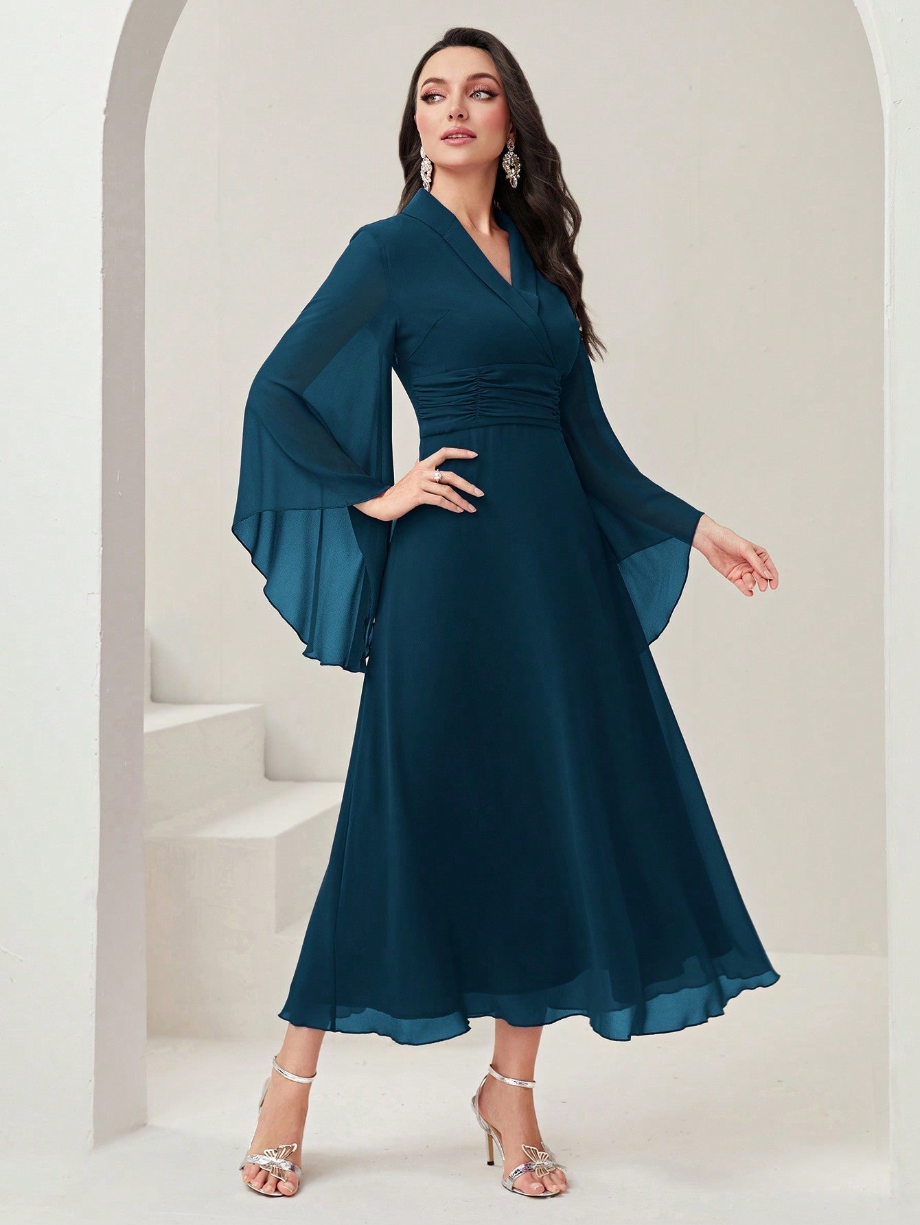 Buy SHEIN Modely Surplice Neck Flounce Sleeve Ruched Waist Dress in Pakistan