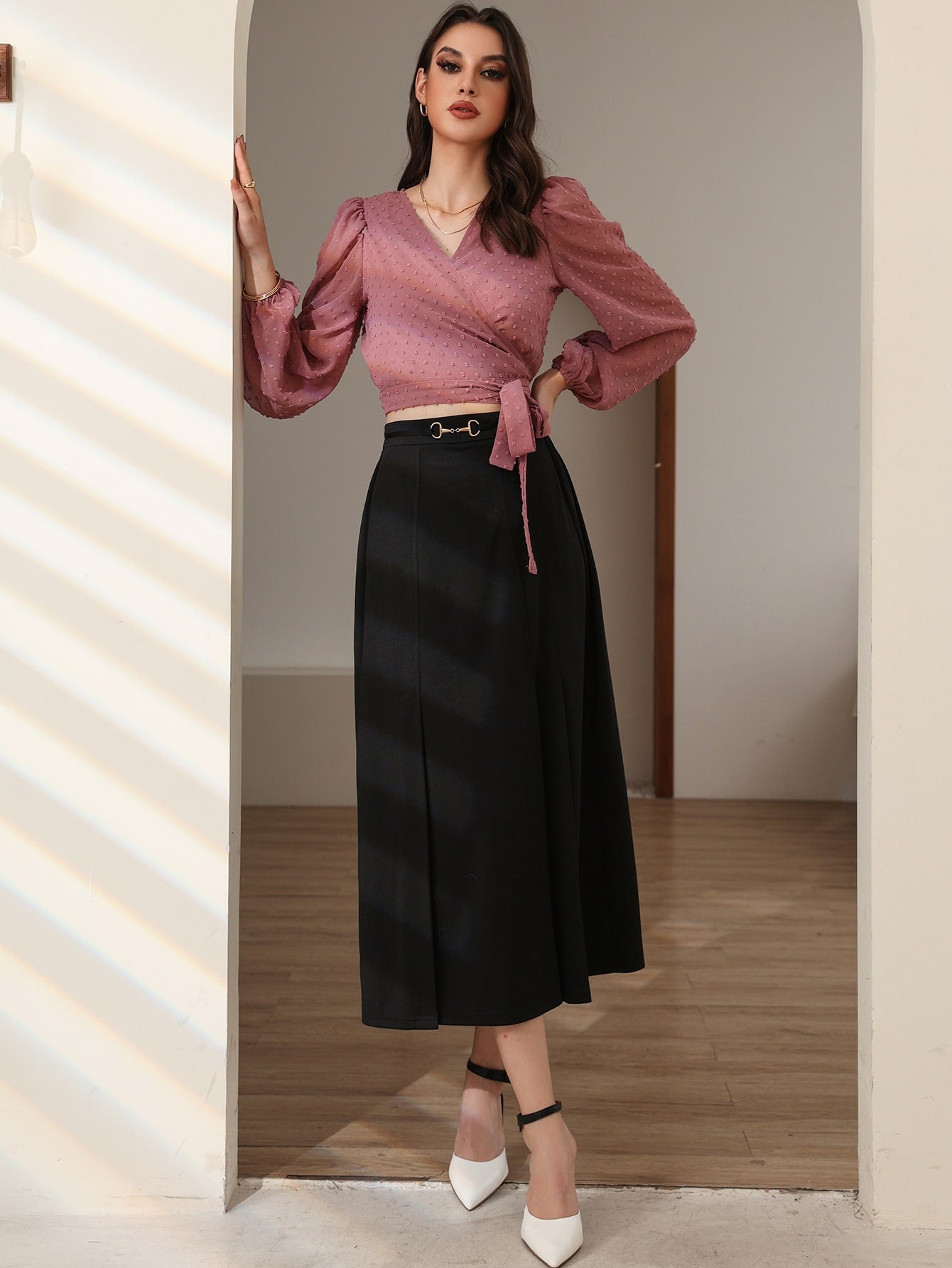 Buy SHEIN Modely Swiss Dot Surplice Front Tie Side Blouse in Pakistan