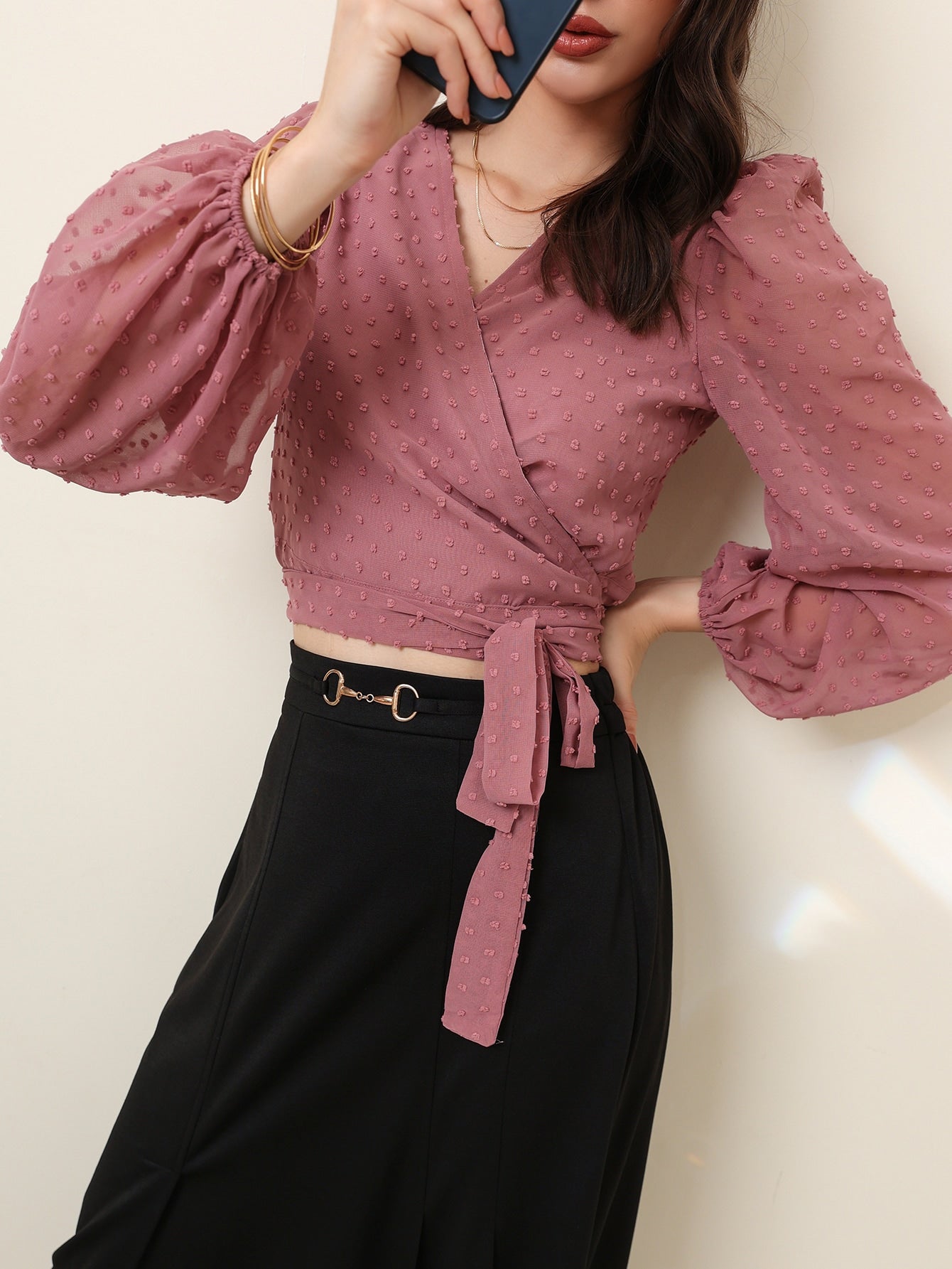 Buy SHEIN Modely Swiss Dot Surplice Front Tie Side Blouse in Pakistan