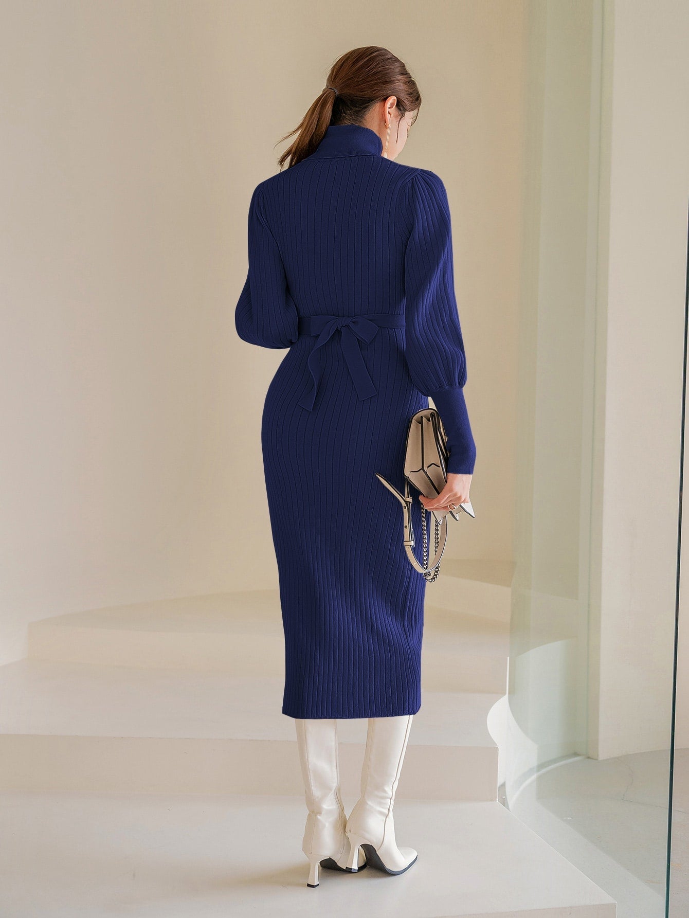 Buy SHEIN Modely Turtle Neck Gigot Sleeve Belted Sweater Dress in Pakistan