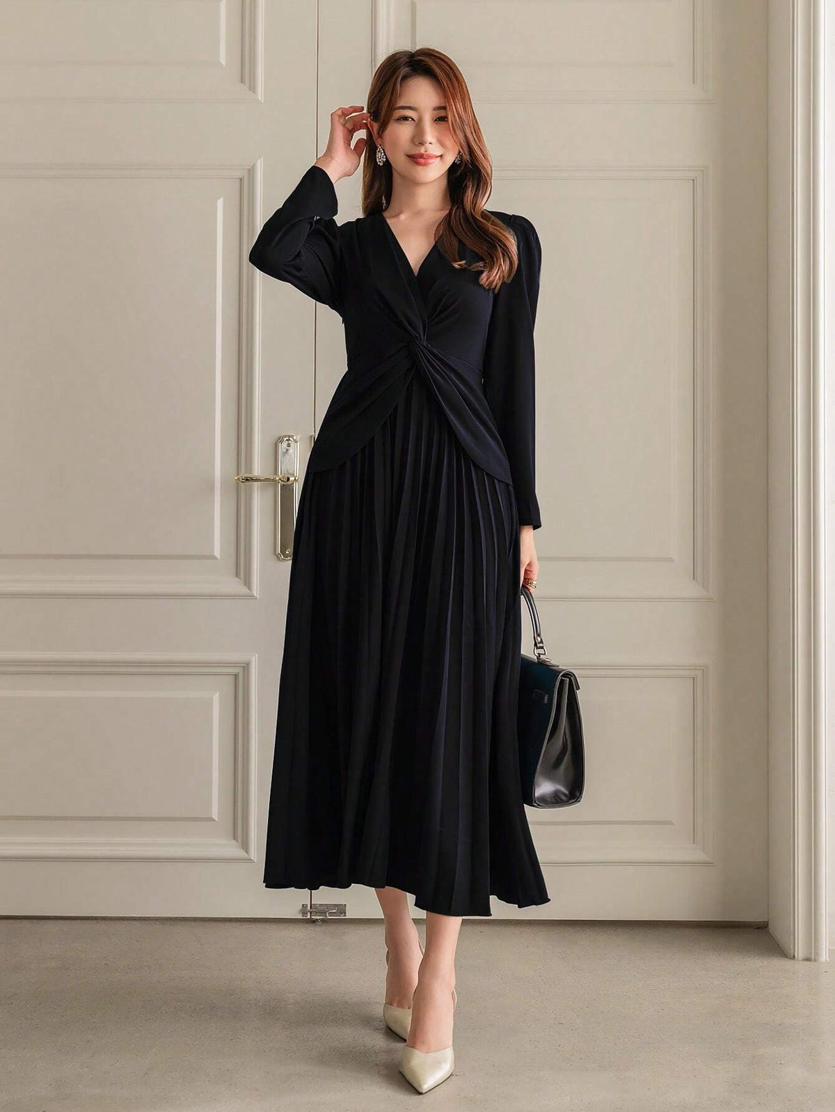 Buy SHEIN Modely V-Neckline Twisted Detailing Ruffle Hem Long Sleeve Dress in Pakistan