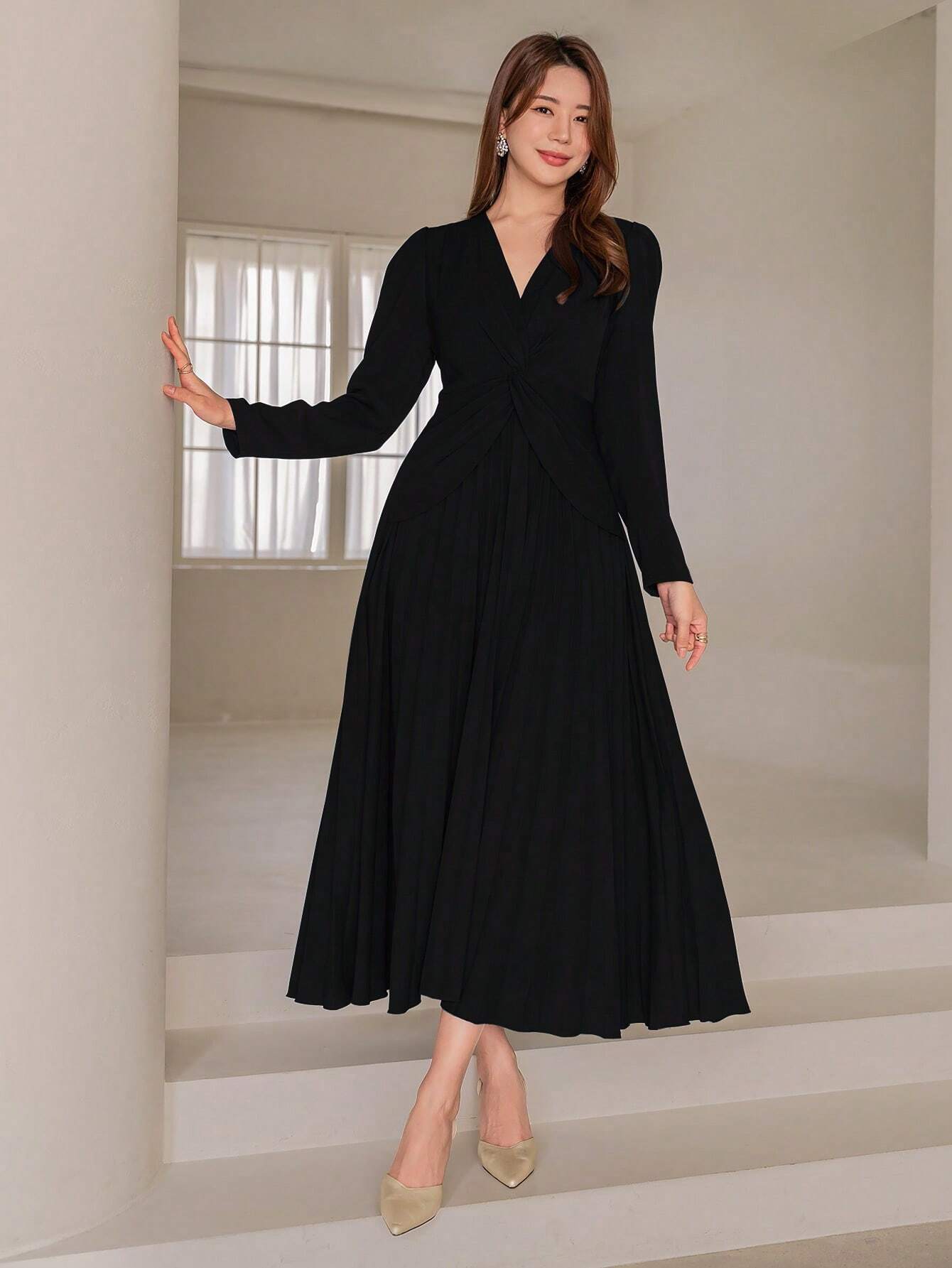 Buy SHEIN Modely V-Neckline Twisted Detailing Ruffle Hem Long Sleeve Dress in Pakistan