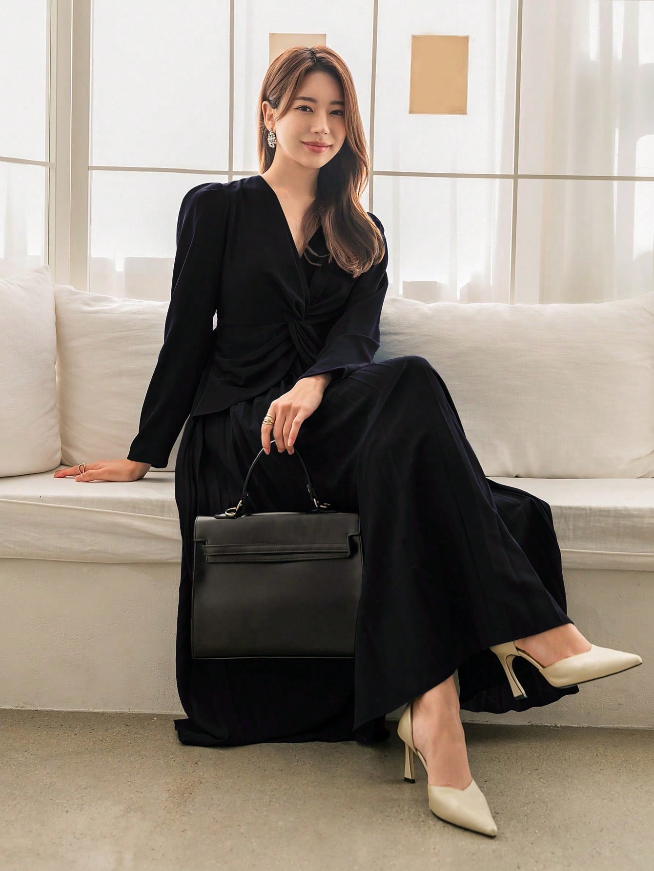 Buy SHEIN Modely V-Neckline Twisted Detailing Ruffle Hem Long Sleeve Dress in Pakistan