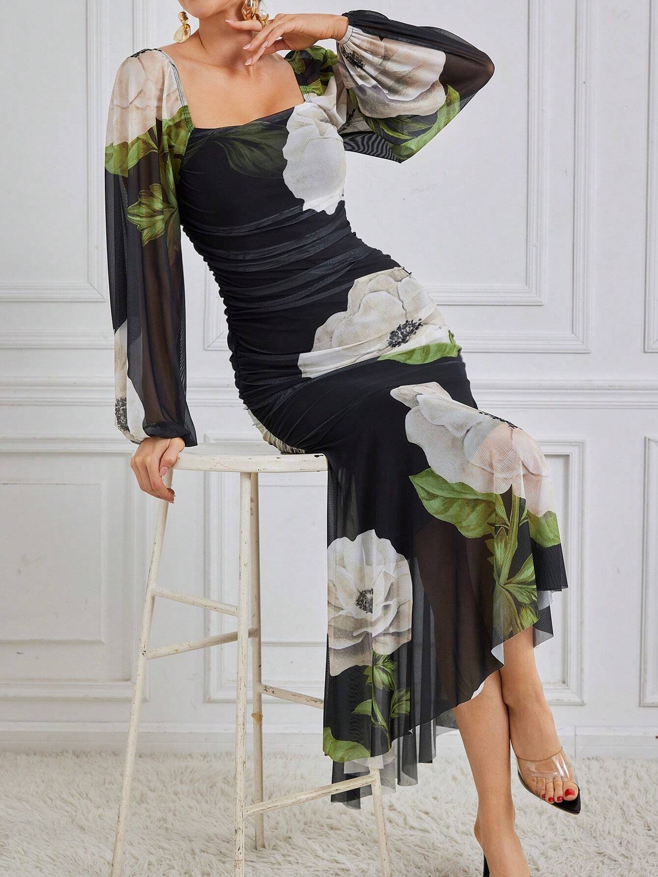 Buy SHEIN Modely Women'S Square Neckline Flower Printed Dress in Pakistan