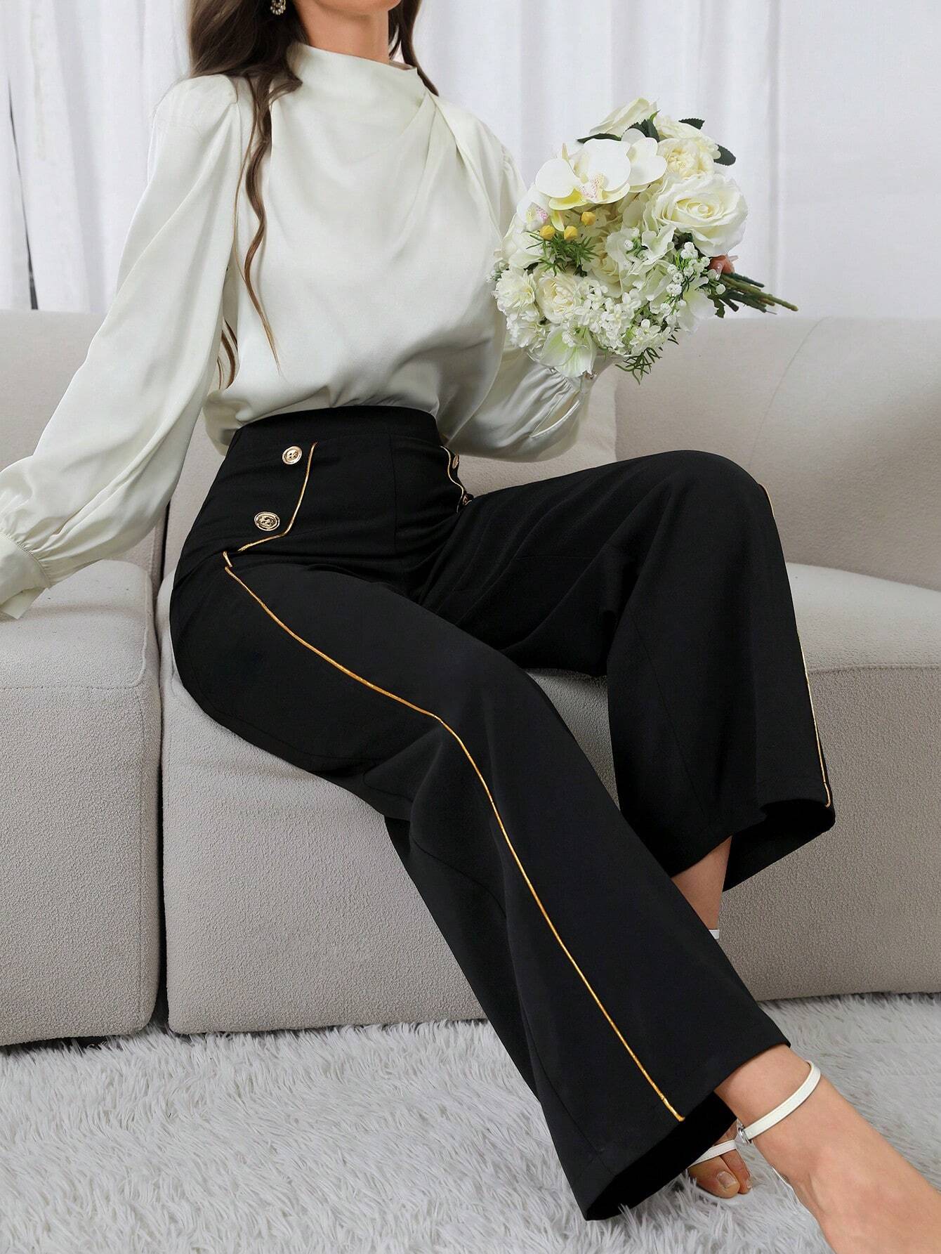 Buy SHEIN Modely Women's Casual Color-Block Wide-Leg Pants With Rolled Edge in Pakistan