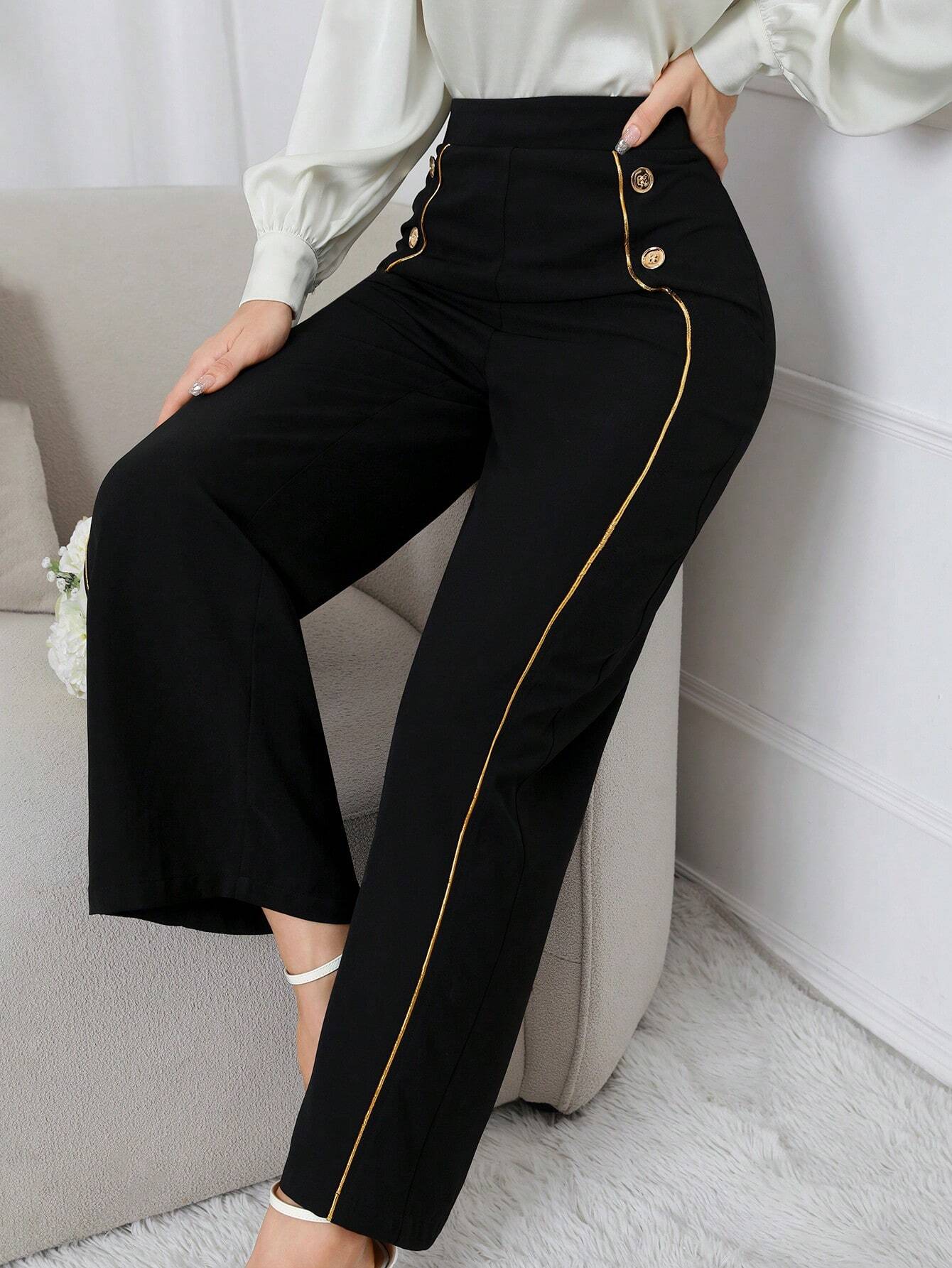 Buy SHEIN Modely Women's Casual Color-Block Wide-Leg Pants With Rolled Edge in Pakistan