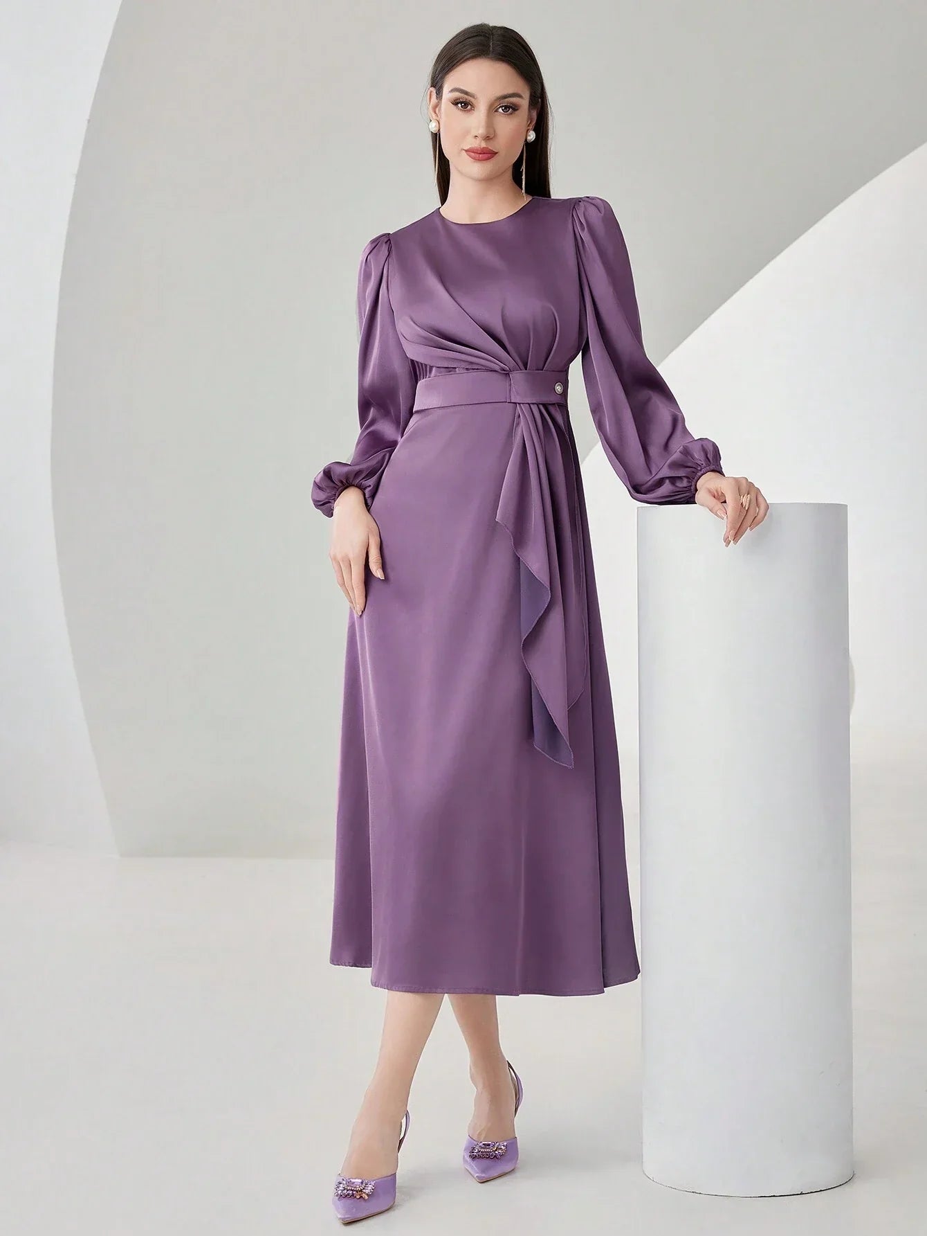 Buy SHEIN Modely Women's Lantern Sleeve Ruffle Hem Dress in Pakistan