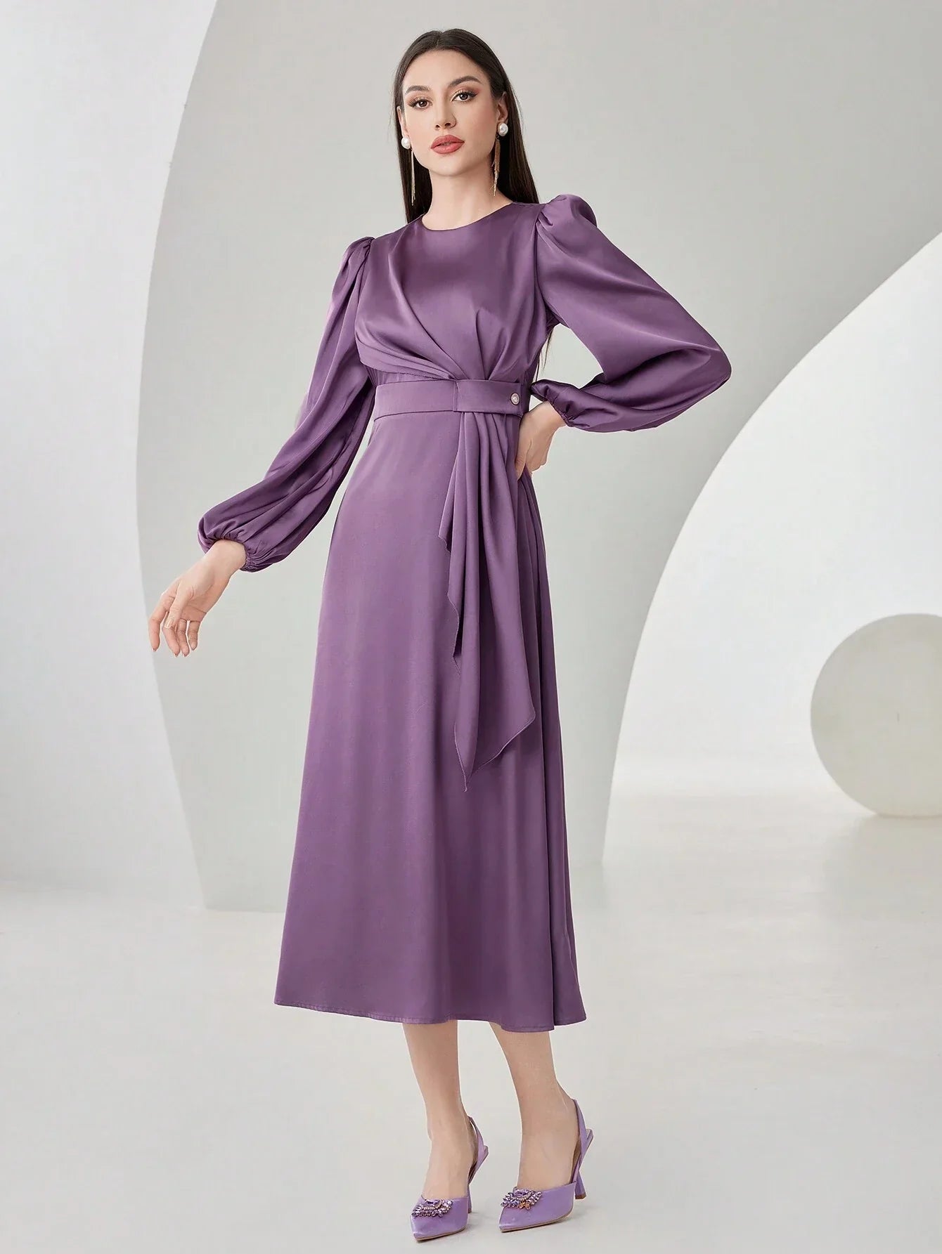 Buy SHEIN Modely Women's Lantern Sleeve Ruffle Hem Dress in Pakistan