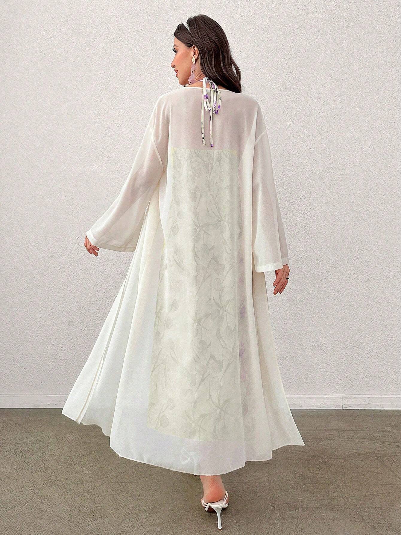 Buy SHEIN Modely Women's Printed Mesh Shawl Jacket And Neck-Hanging Dress Two-Piece Set in Pakistan