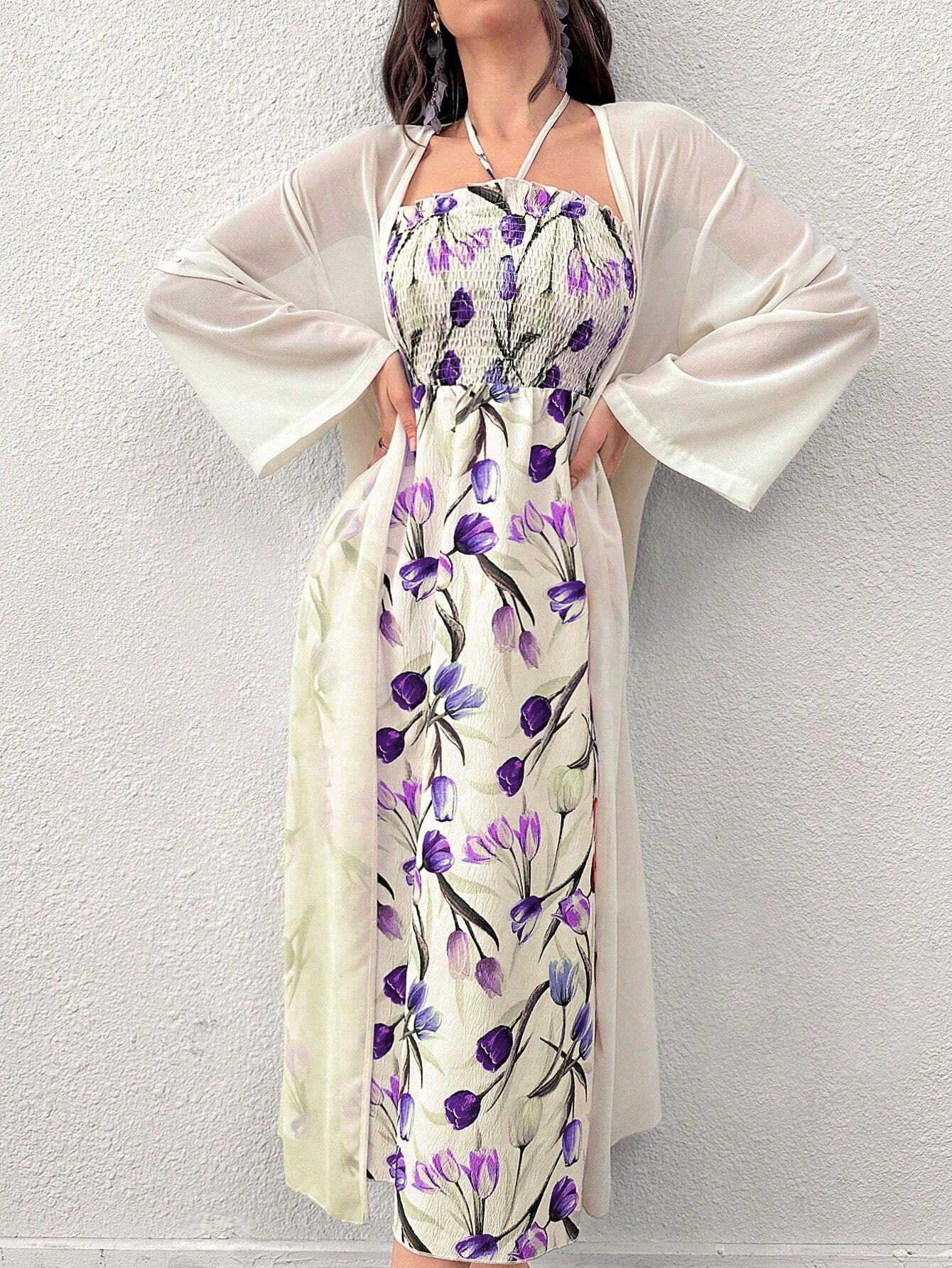 Buy SHEIN Modely Women's Printed Mesh Shawl Jacket And Neck-Hanging Dress Two-Piece Set in Pakistan