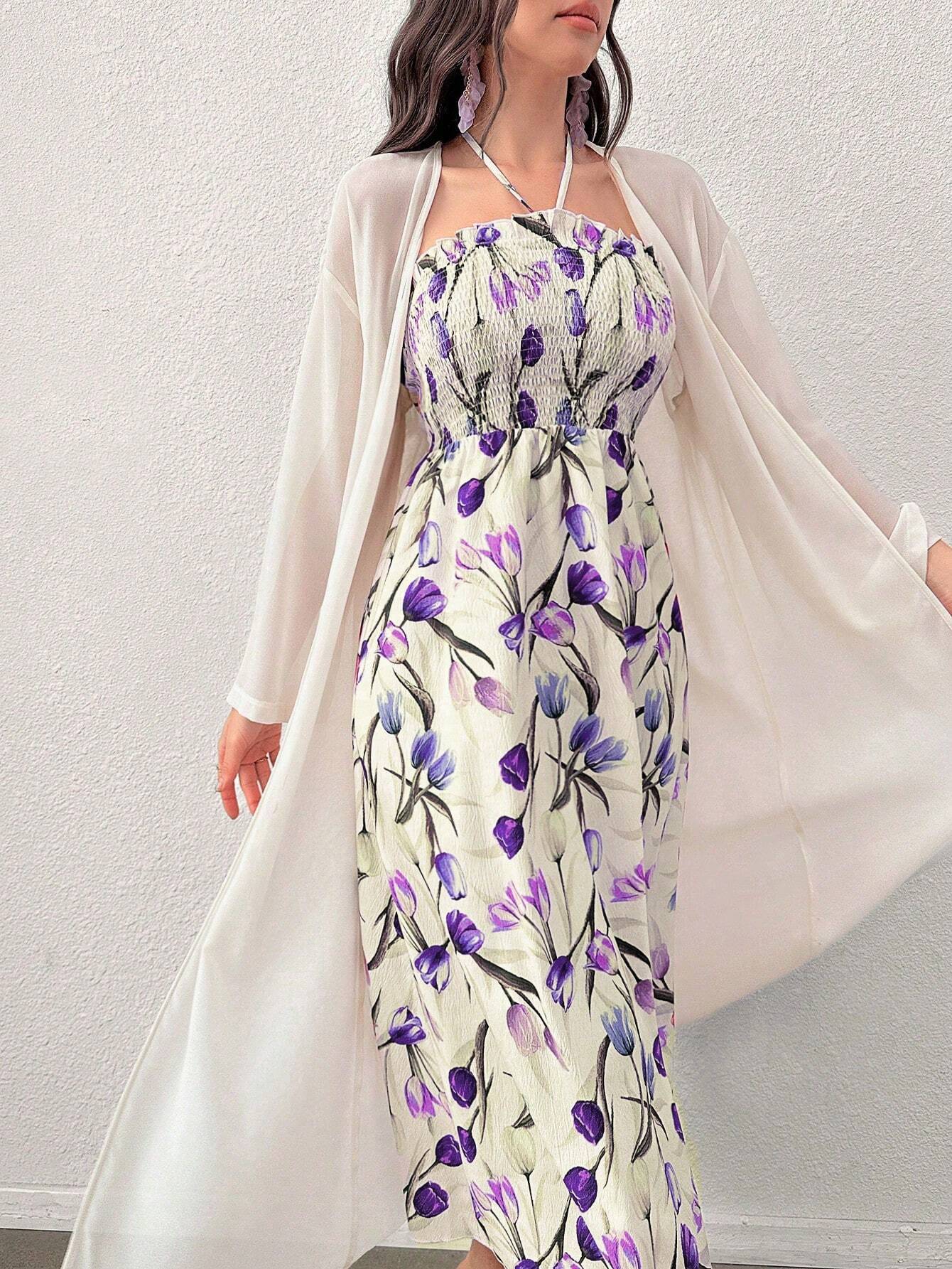 Buy SHEIN Modely Women's Printed Mesh Shawl Jacket And Neck-Hanging Dress Two-Piece Set in Pakistan