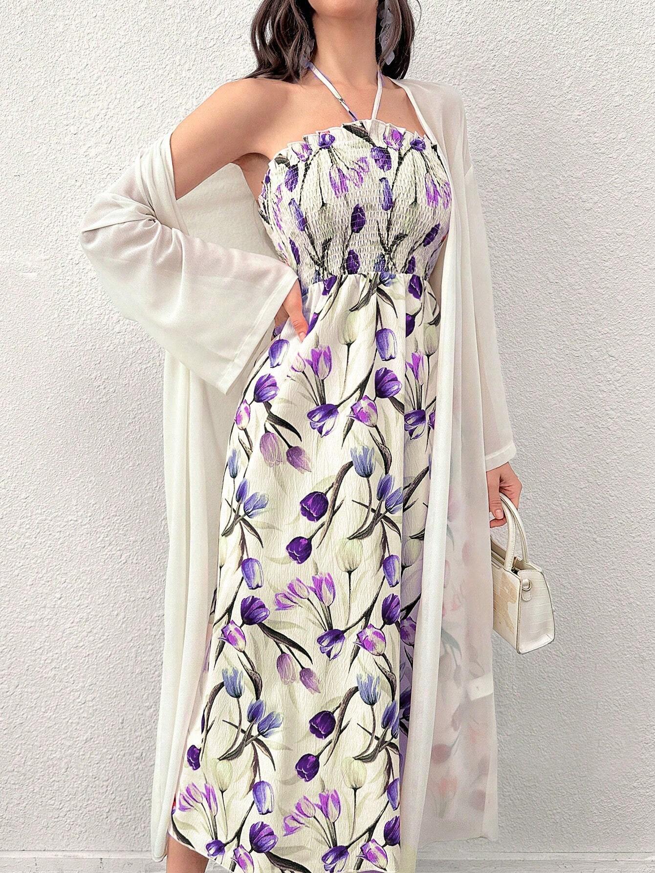 Buy SHEIN Modely Women's Printed Mesh Shawl Jacket And Neck-Hanging Dress Two-Piece Set in Pakistan