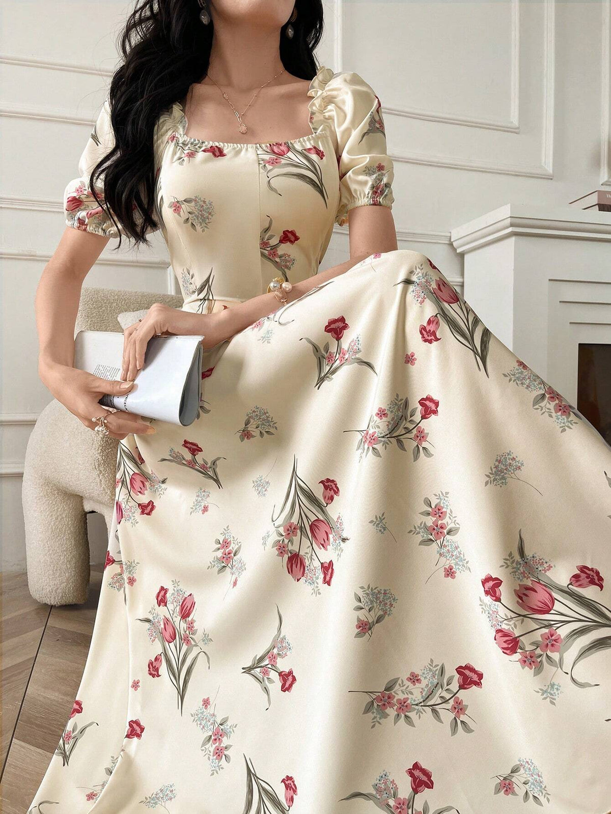 Buy SHEIN Modely Women's Random Printed Simple Everyday Dress With Square Neckline And Short Sleeves Maxi Women Outfit Long Evening Dresses in Pakistan