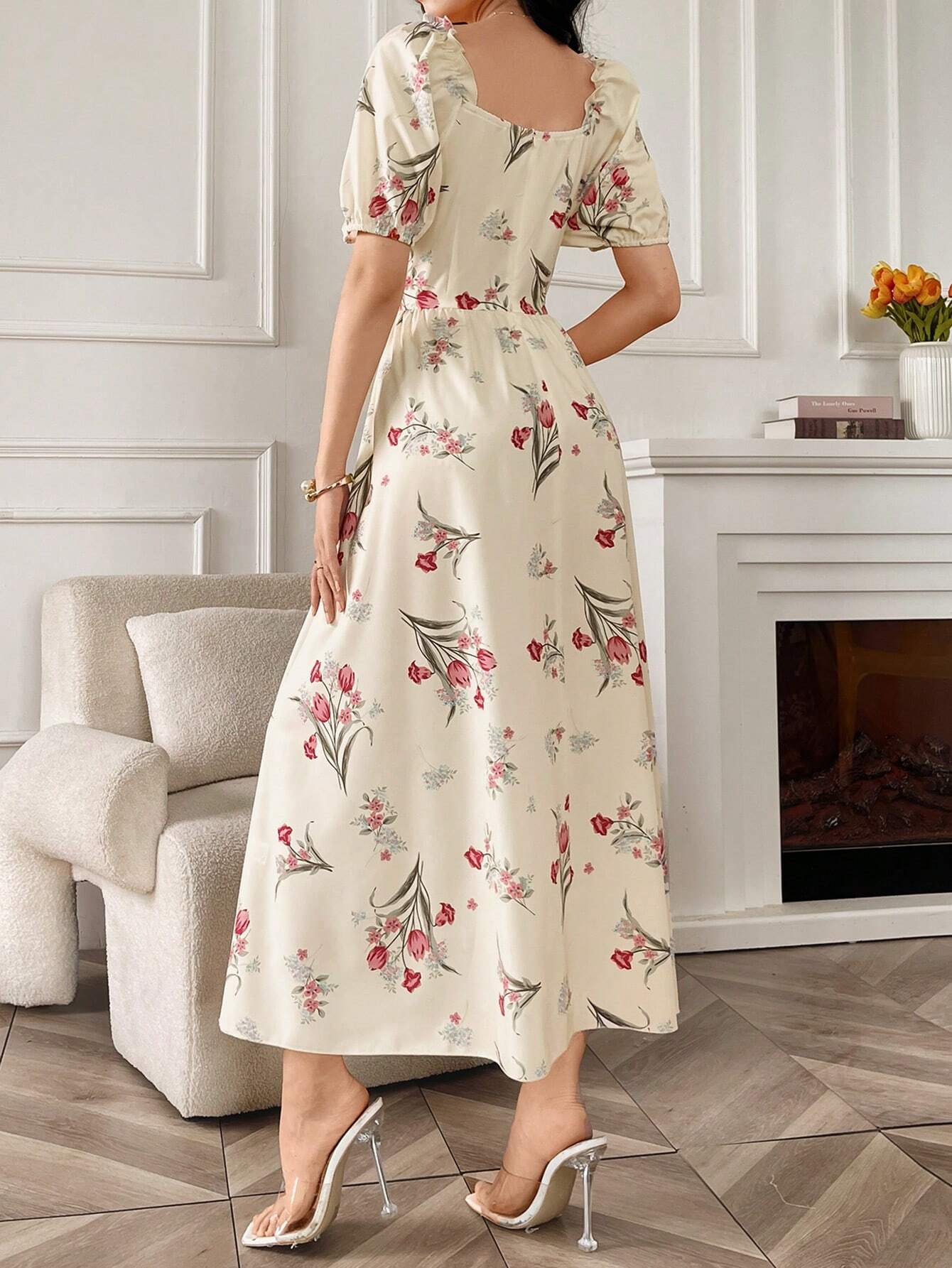 Buy SHEIN Modely Women's Random Printed Simple Everyday Dress With Square Neckline And Short Sleeves Maxi Women Outfit Long Evening Dresses in Pakistan