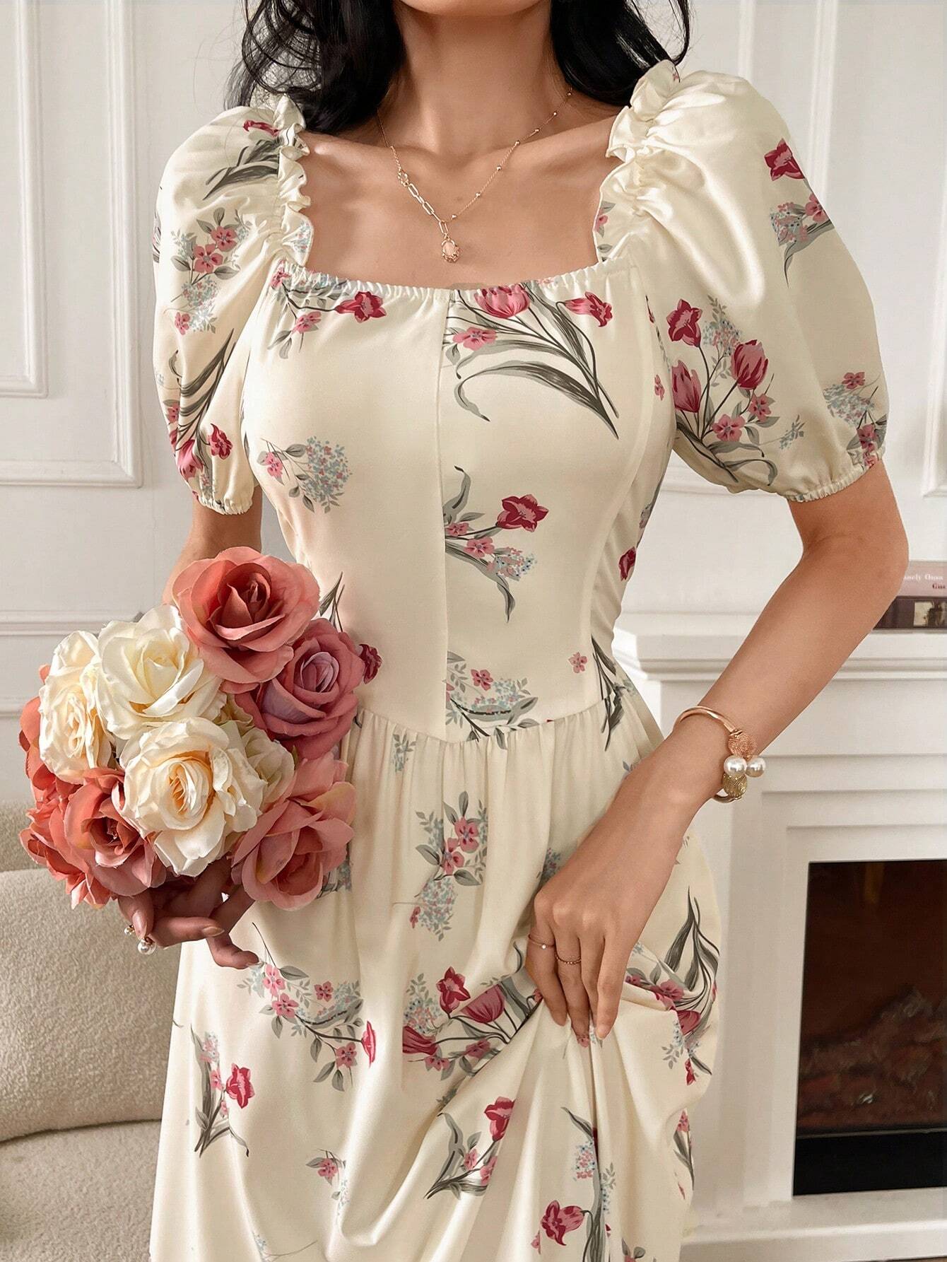 Buy SHEIN Modely Women's Random Printed Simple Everyday Dress With Square Neckline And Short Sleeves Maxi Women Outfit Long Evening Dresses in Pakistan