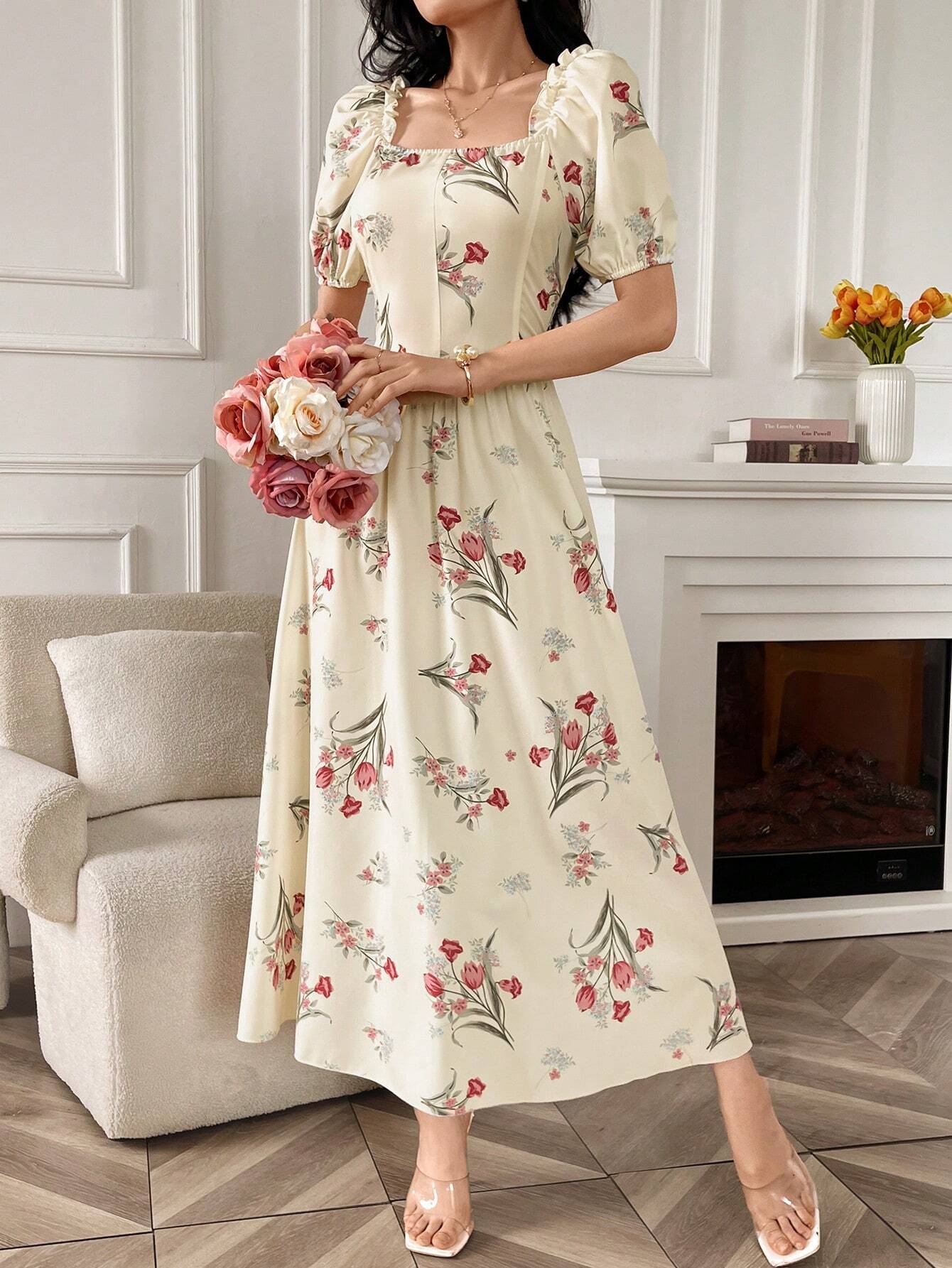 Buy SHEIN Modely Women's Random Printed Simple Everyday Dress With Square Neckline And Short Sleeves Maxi Women Outfit Long Evening Dresses in Pakistan