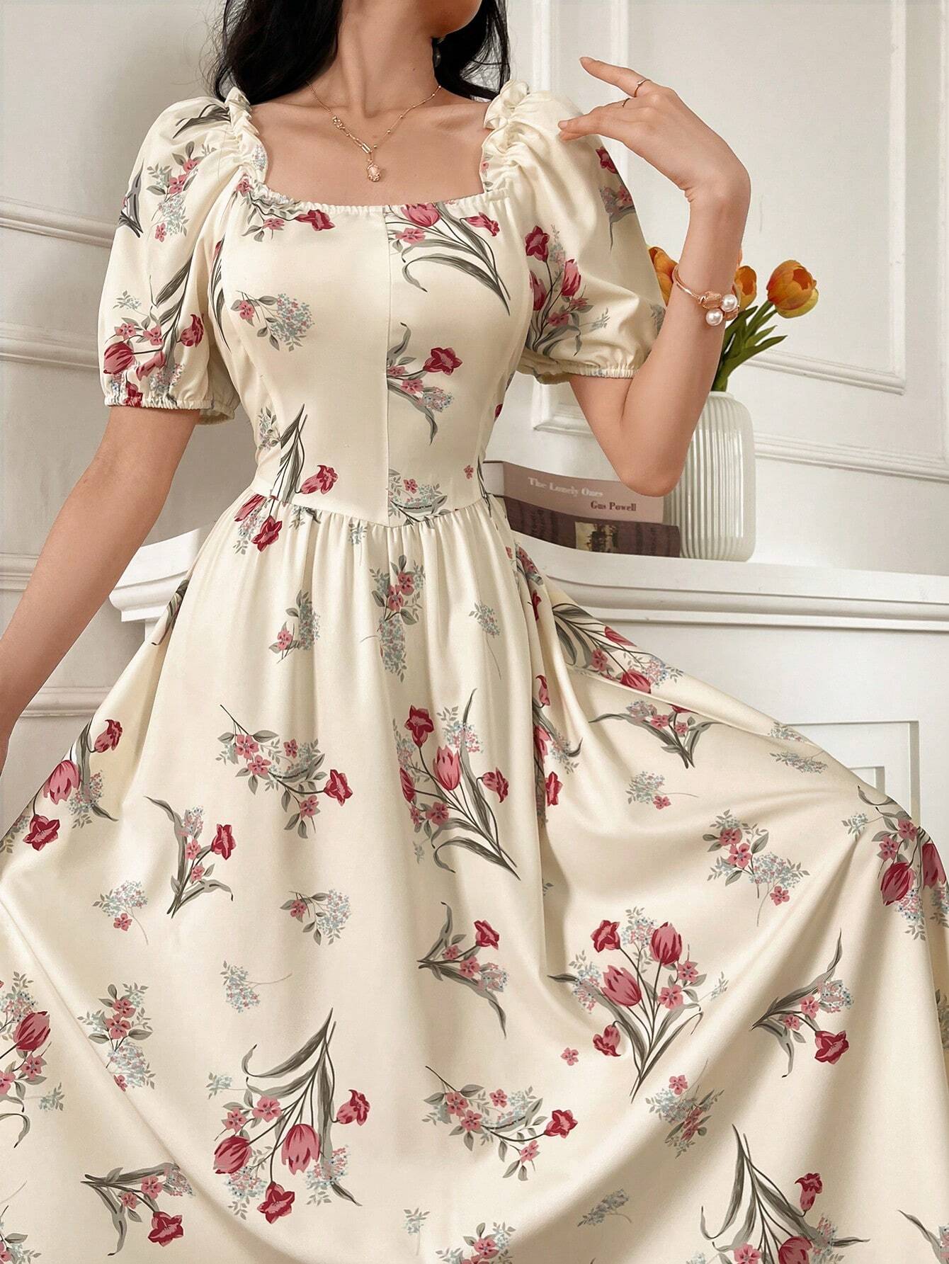 Buy SHEIN Modely Women's Random Printed Simple Everyday Dress With Square Neckline And Short Sleeves Maxi Women Outfit Long Evening Dresses in Pakistan