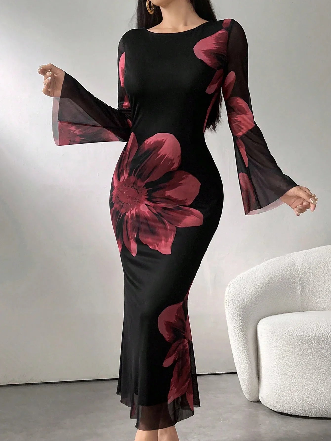 Buy SHEIN Modely Women's Round Neck Long Sleeve Floral Print Elegant Chiffon Dress Maxi Women Outfit in Pakistan