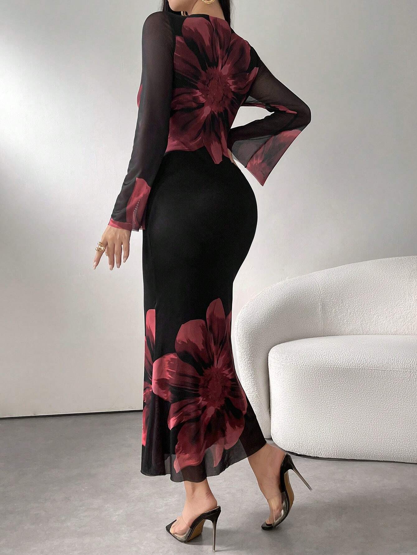 Buy SHEIN Modely Women's Round Neck Long Sleeve Floral Print Elegant Chiffon Dress Maxi Women Outfit in Pakistan