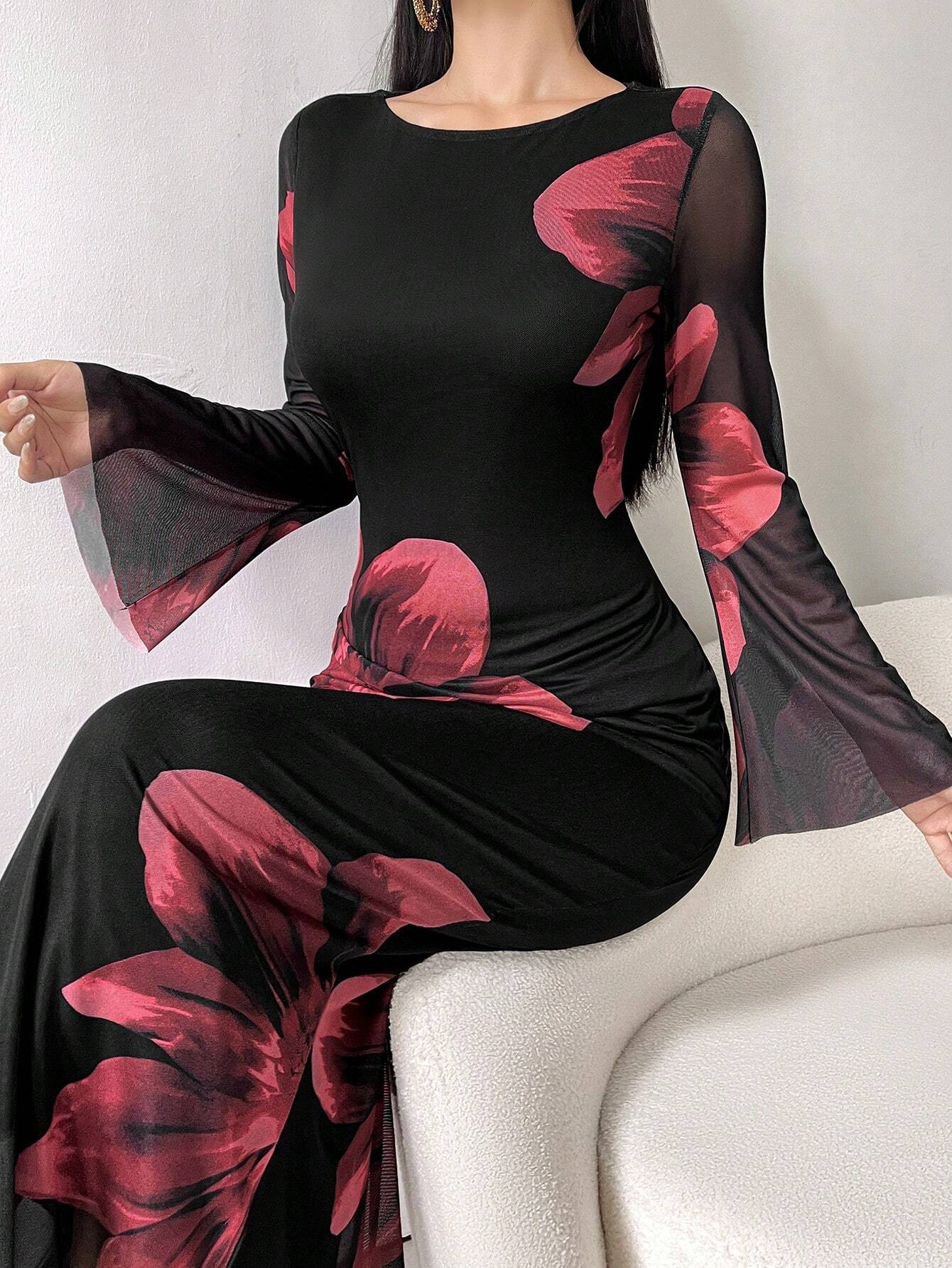 Buy SHEIN Modely Women's Round Neck Long Sleeve Floral Print Elegant Chiffon Dress Maxi Women Outfit in Pakistan