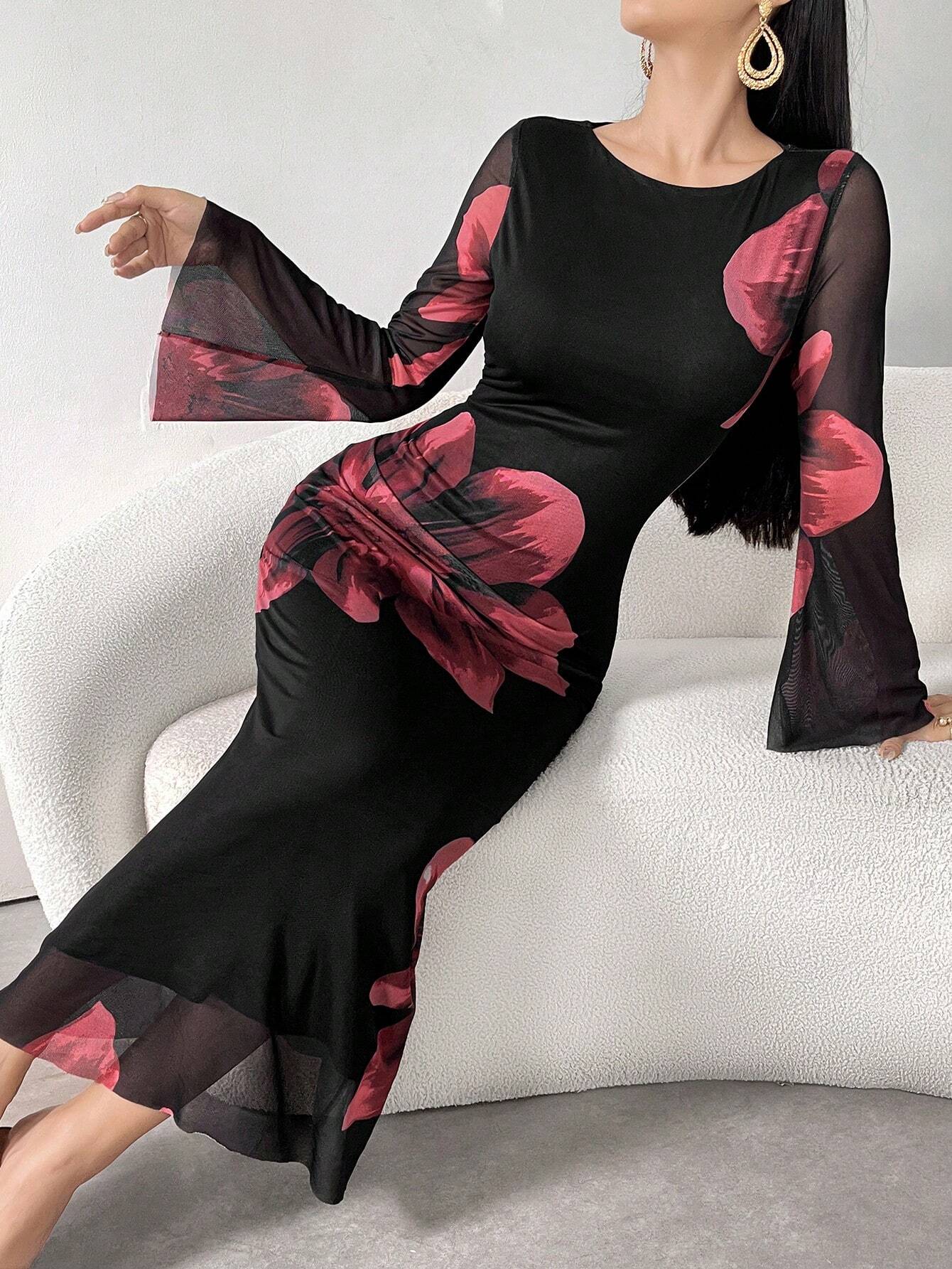 Buy SHEIN Modely Women's Round Neck Long Sleeve Floral Print Elegant Chiffon Dress Maxi Women Outfit in Pakistan