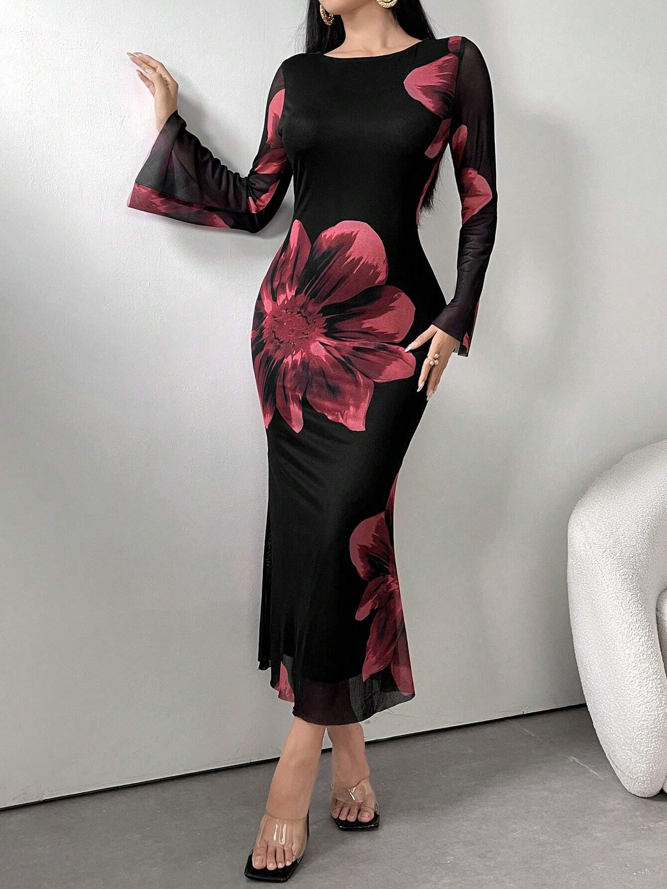 Buy SHEIN Modely Women's Round Neck Long Sleeve Floral Print Elegant Chiffon Dress Maxi Women Outfit in Pakistan