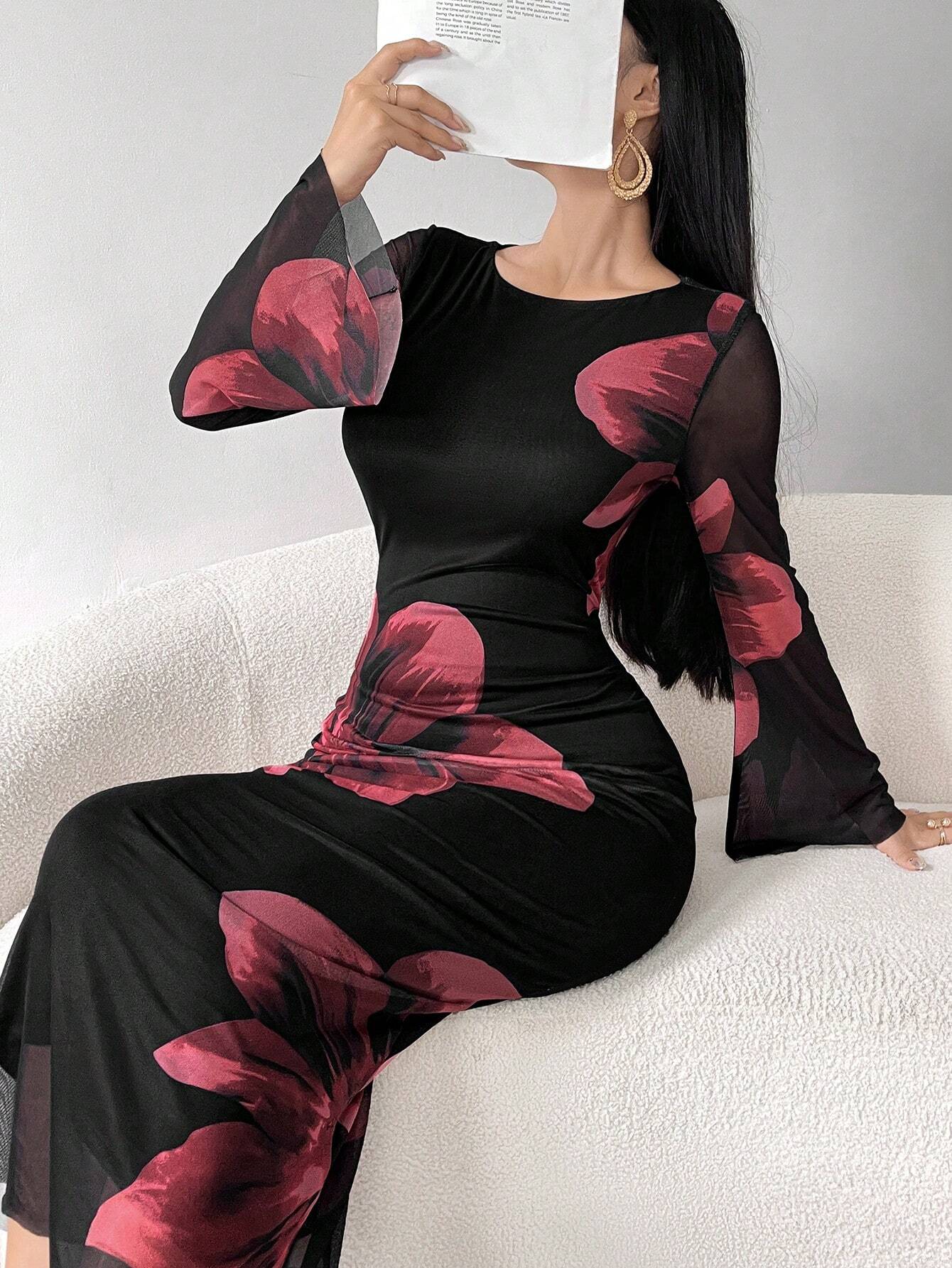 Buy SHEIN Modely Women's Round Neck Long Sleeve Floral Print Elegant Chiffon Dress Maxi Women Outfit in Pakistan