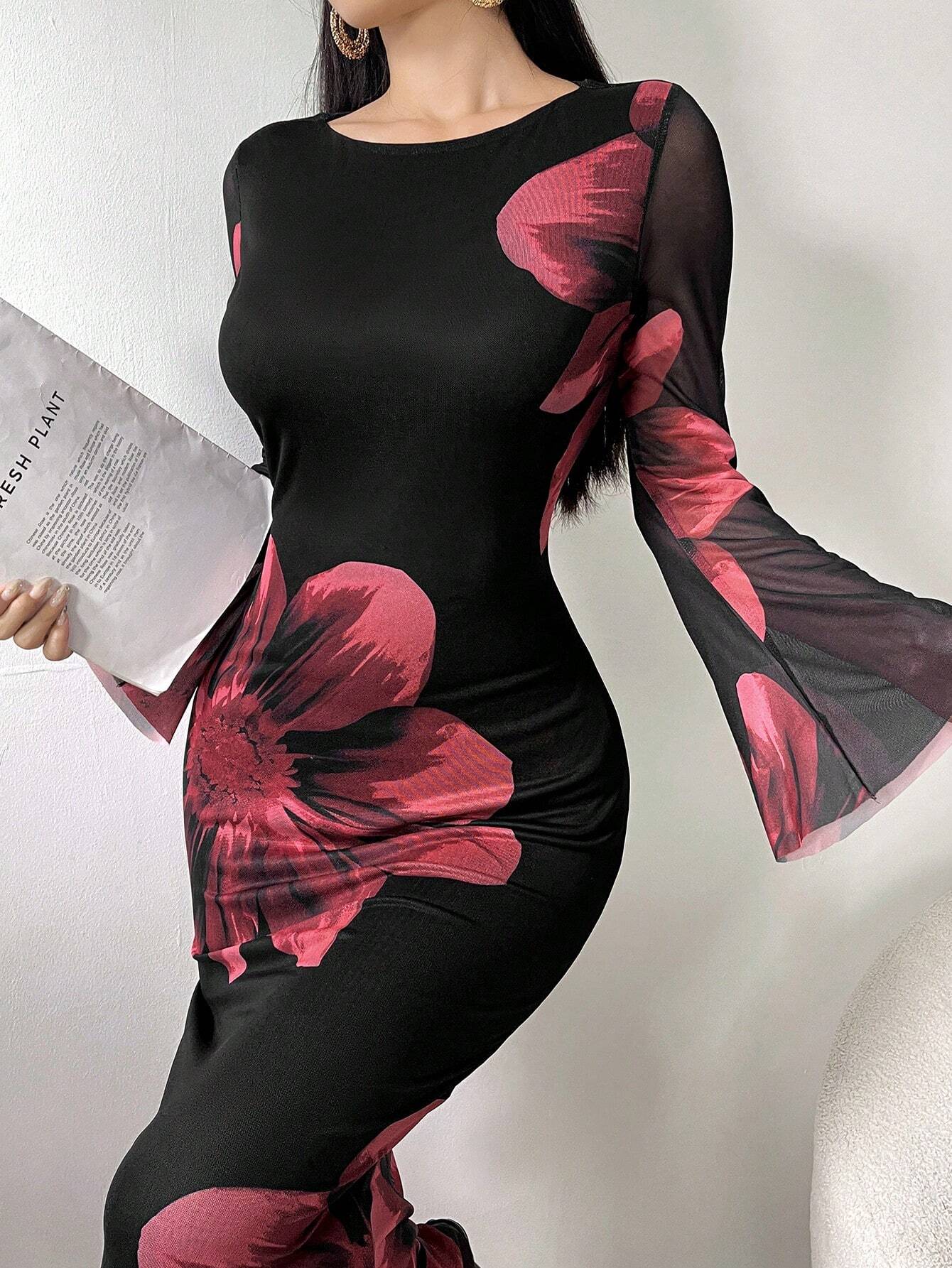 Buy SHEIN Modely Women's Round Neck Long Sleeve Floral Print Elegant Chiffon Dress Maxi Women Outfit in Pakistan