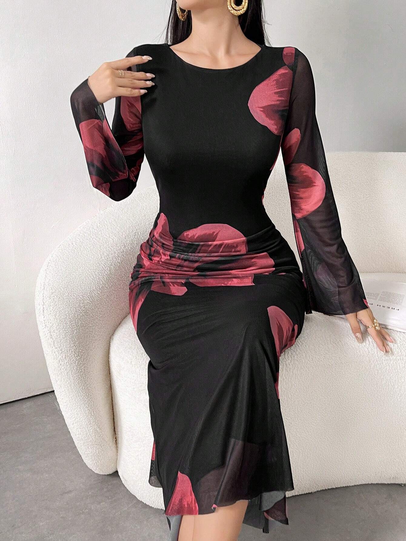 Buy SHEIN Modely Women's Round Neck Long Sleeve Floral Print Elegant Chiffon Dress Maxi Women Outfit in Pakistan