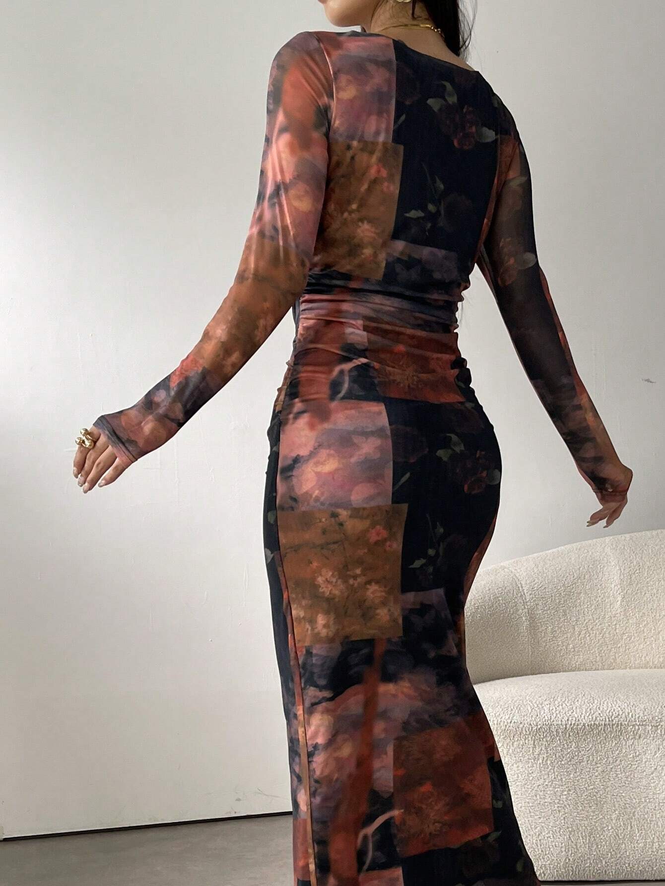 Buy SHEIN Modely Women's Square Neck Long Sleeve Full Print Fitted Elegant Charming Mesh Dress in Pakistan