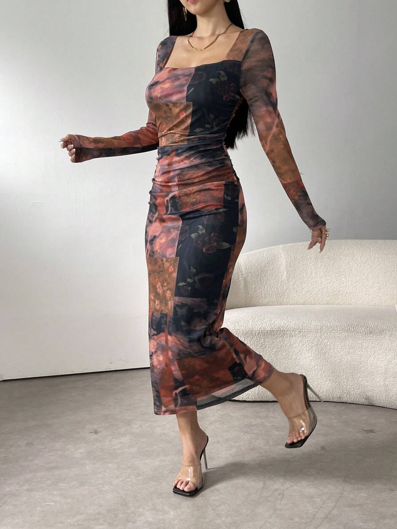 Buy SHEIN Modely Women's Square Neck Long Sleeve Full Print Fitted Elegant Charming Mesh Dress in Pakistan