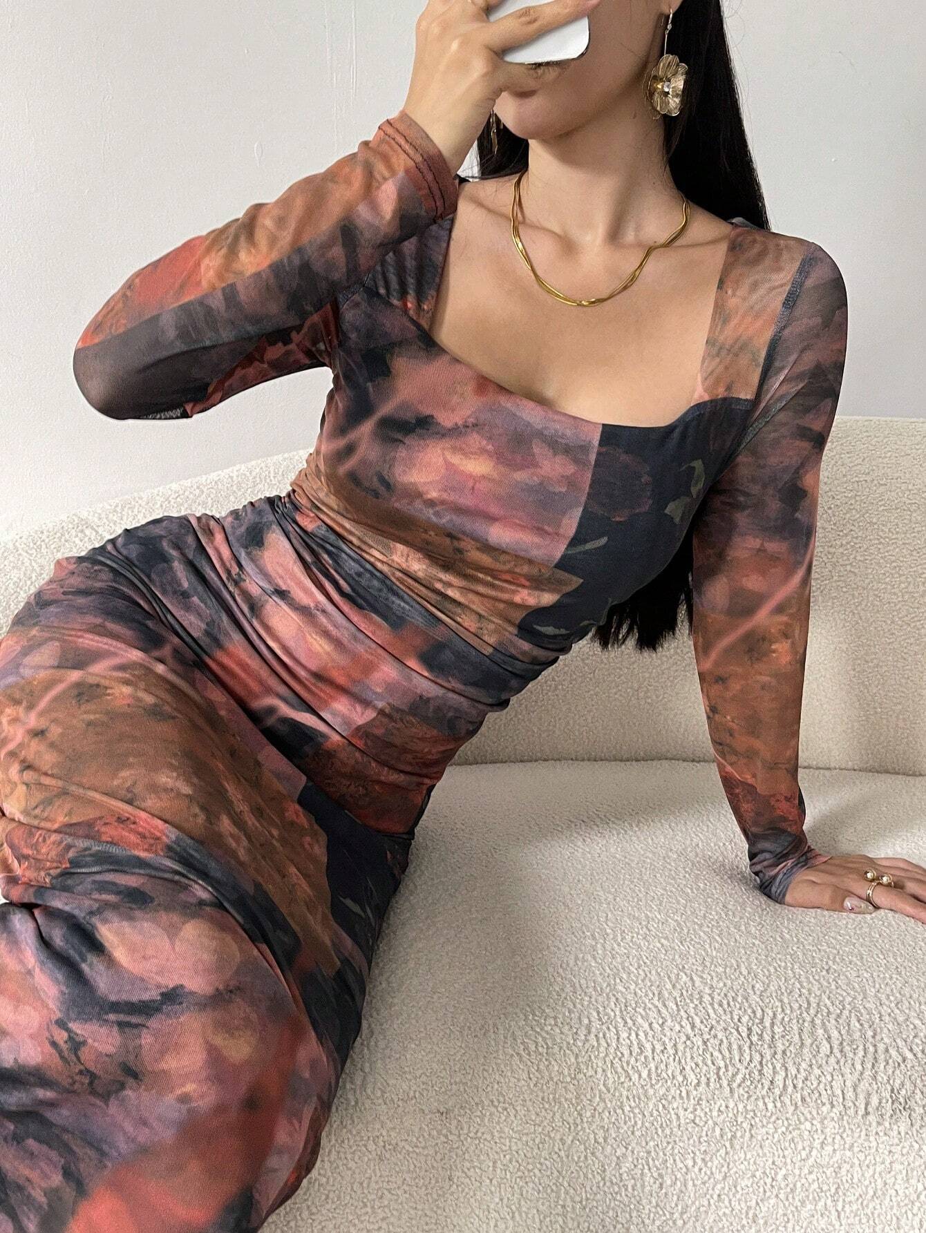 Buy SHEIN Modely Women's Square Neck Long Sleeve Full Print Fitted Elegant Charming Mesh Dress in Pakistan