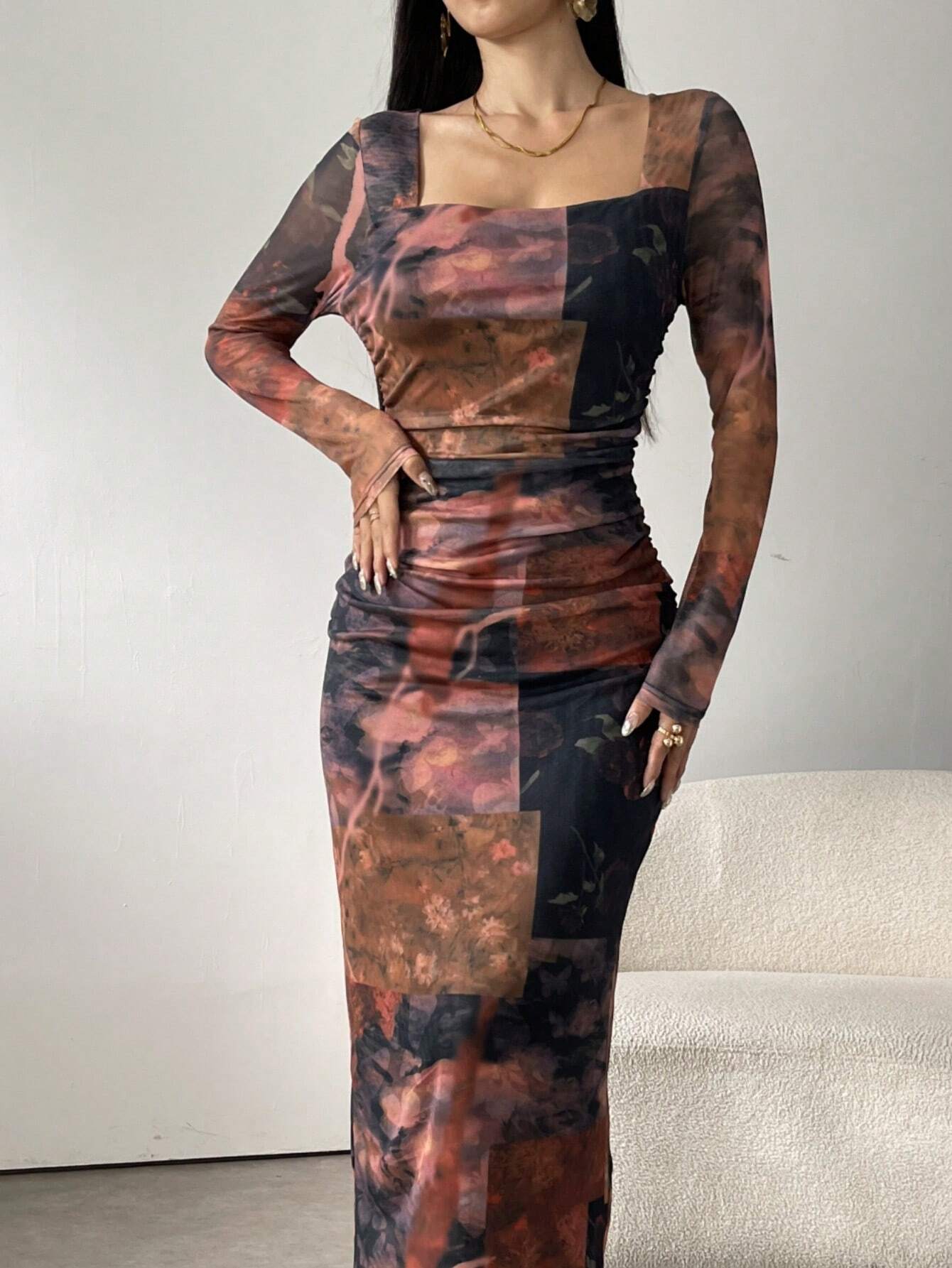 Buy SHEIN Modely Women's Square Neck Long Sleeve Full Print Fitted Elegant Charming Mesh Dress in Pakistan