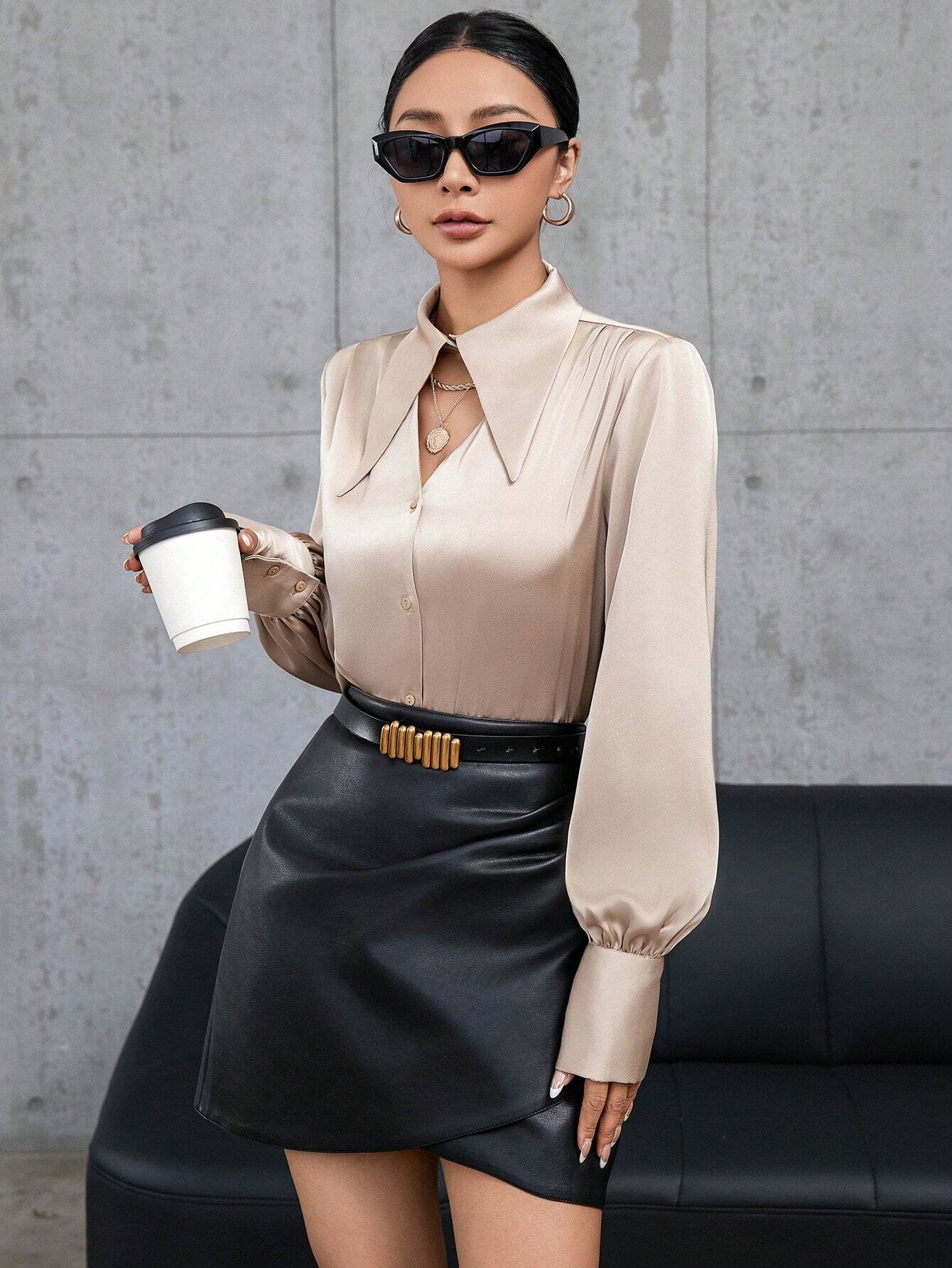 Buy SHEIN Modichic Solid Color Long-sleeved Shirt With Hollow Button Placket On The Front in Pakistan