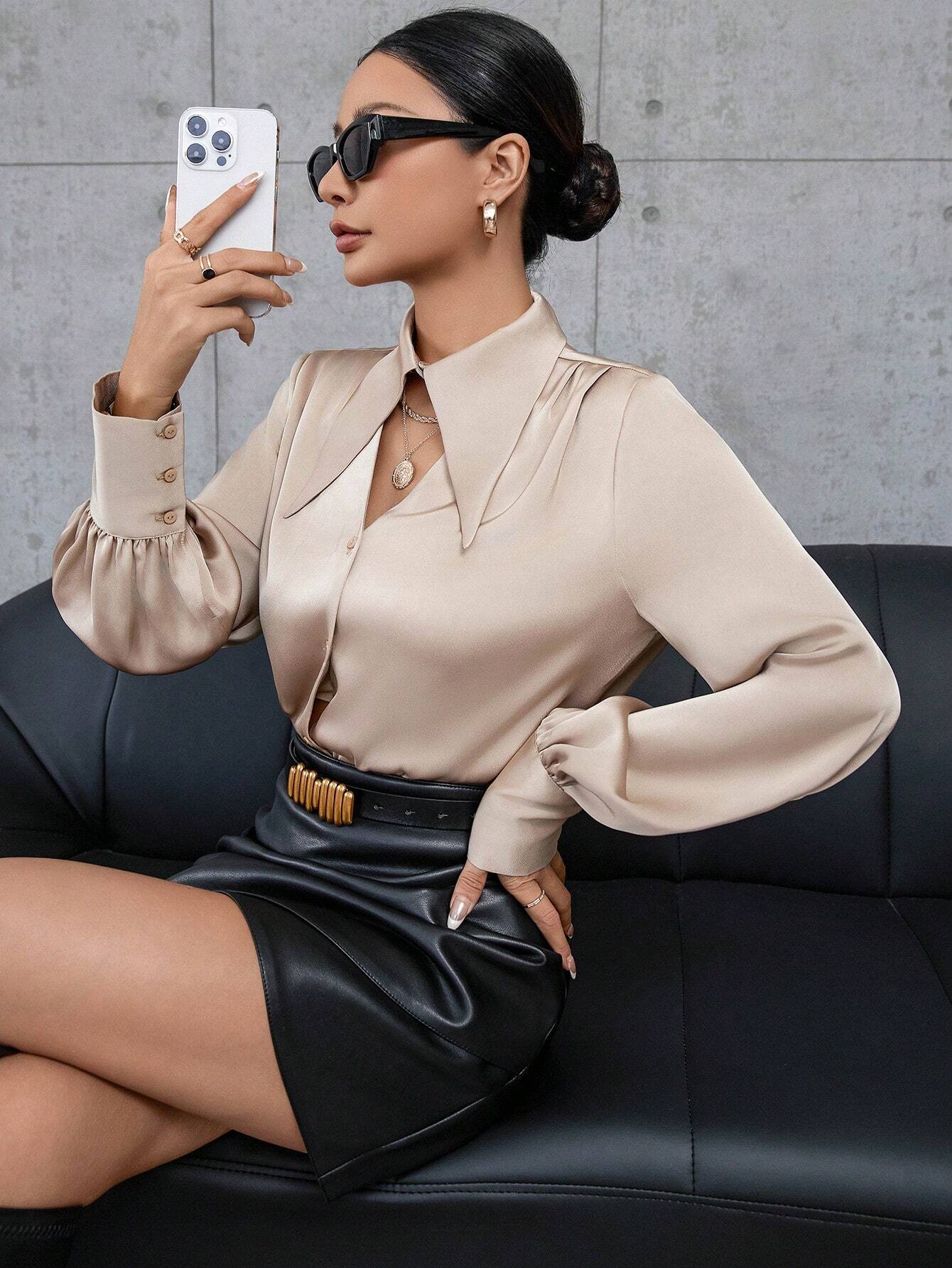 Buy SHEIN Modichic Solid Color Long-sleeved Shirt With Hollow Button Placket On The Front in Pakistan