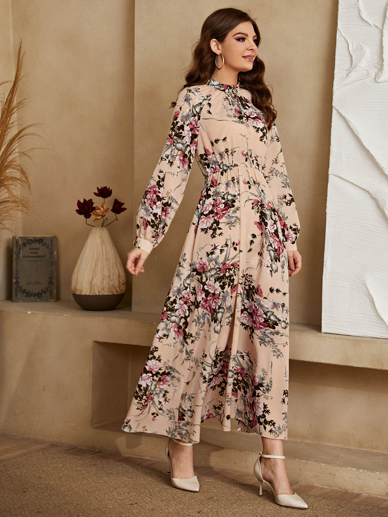 Buy SHEIN Mulvari Allover Floral Mock Neck Keyhole Back Dress in Pakistan