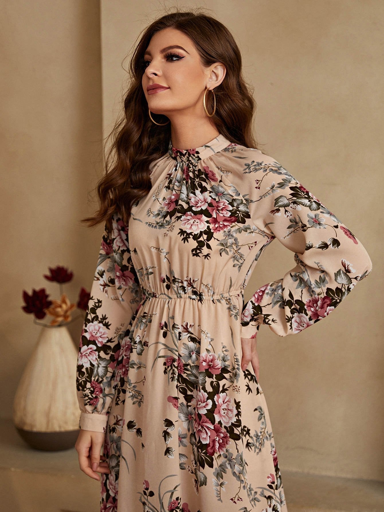 Buy SHEIN Mulvari Allover Floral Mock Neck Keyhole Back Dress in Pakistan
