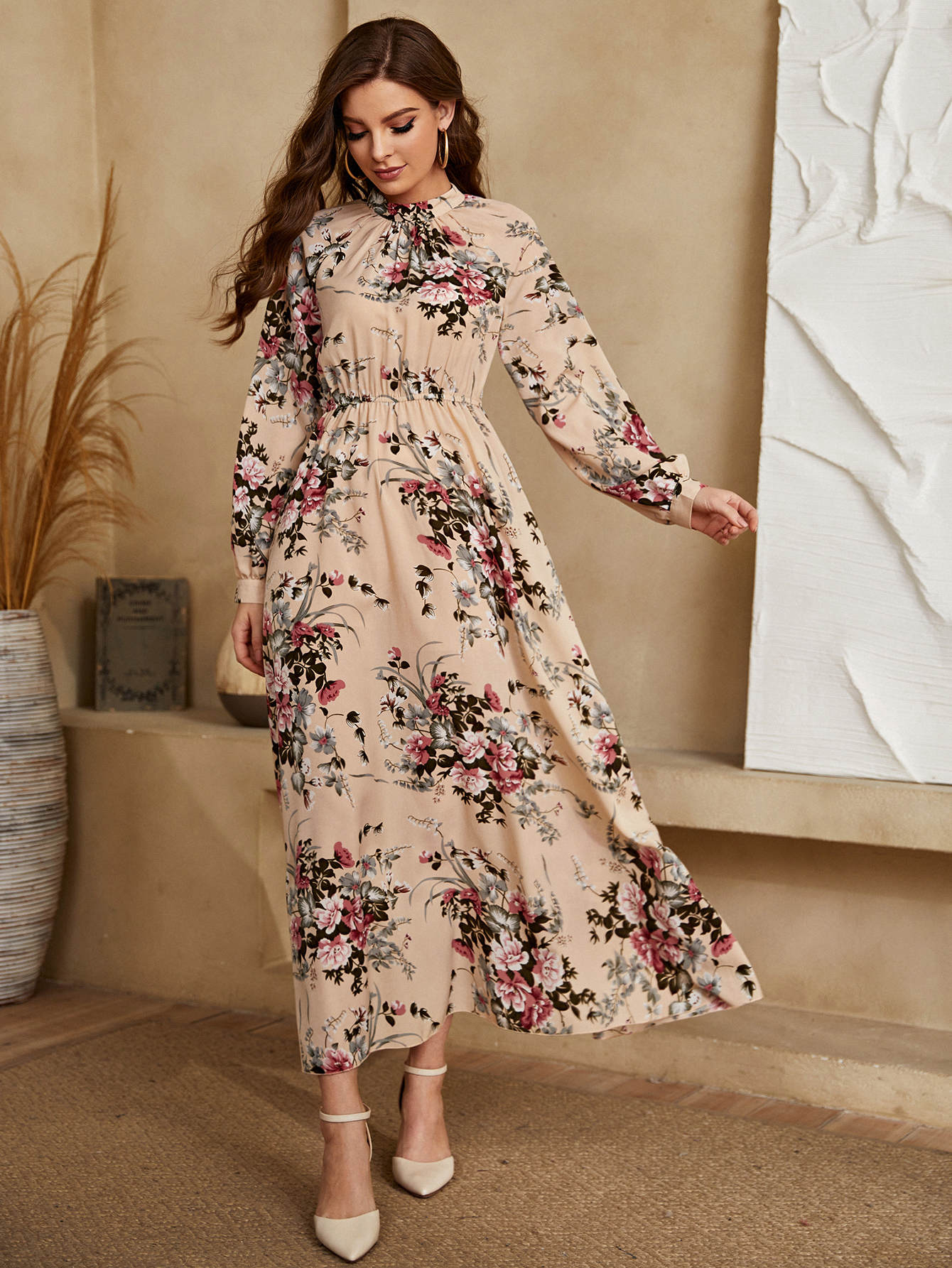 Buy SHEIN Mulvari Allover Floral Mock Neck Keyhole Back Dress in Pakistan