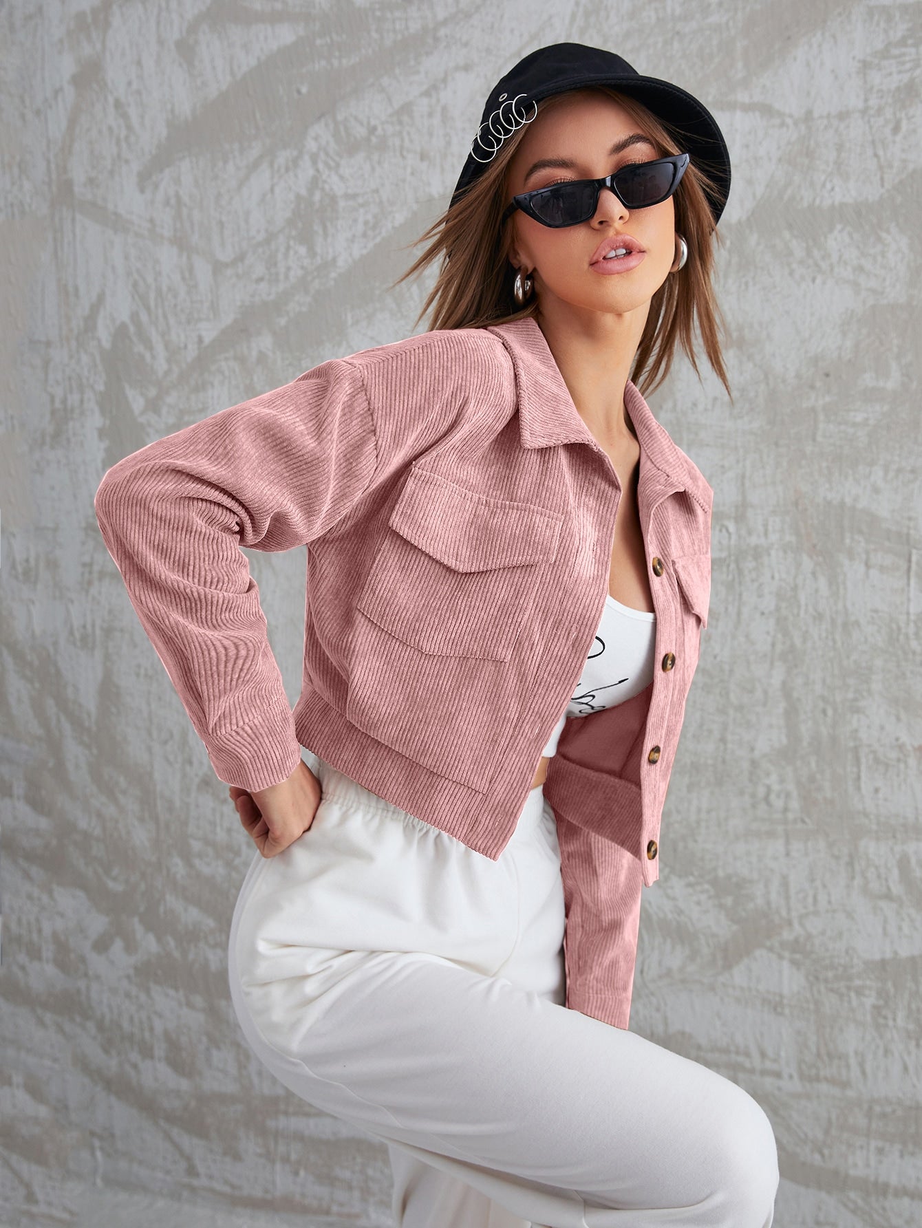 Buy SHEIN Mulvari Corduroy Flap Pocket Button Up Crop Jacket in Pakistan
