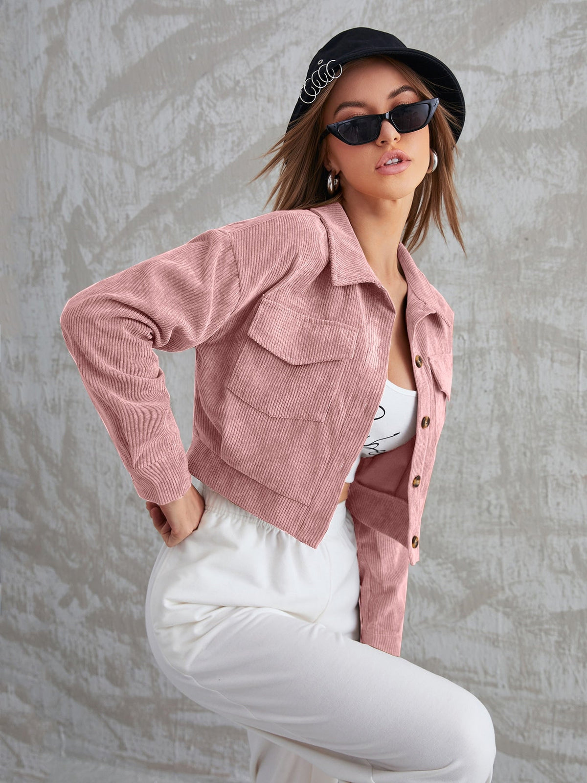 Buy SHEIN Mulvari Corduroy Flap Pocket Button Up Crop Jacket in Pakistan