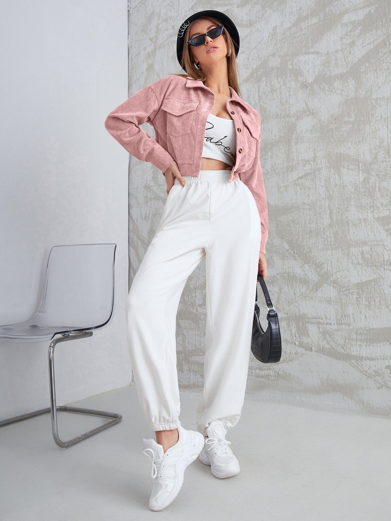 Buy SHEIN Mulvari Corduroy Flap Pocket Button Up Crop Jacket in Pakistan