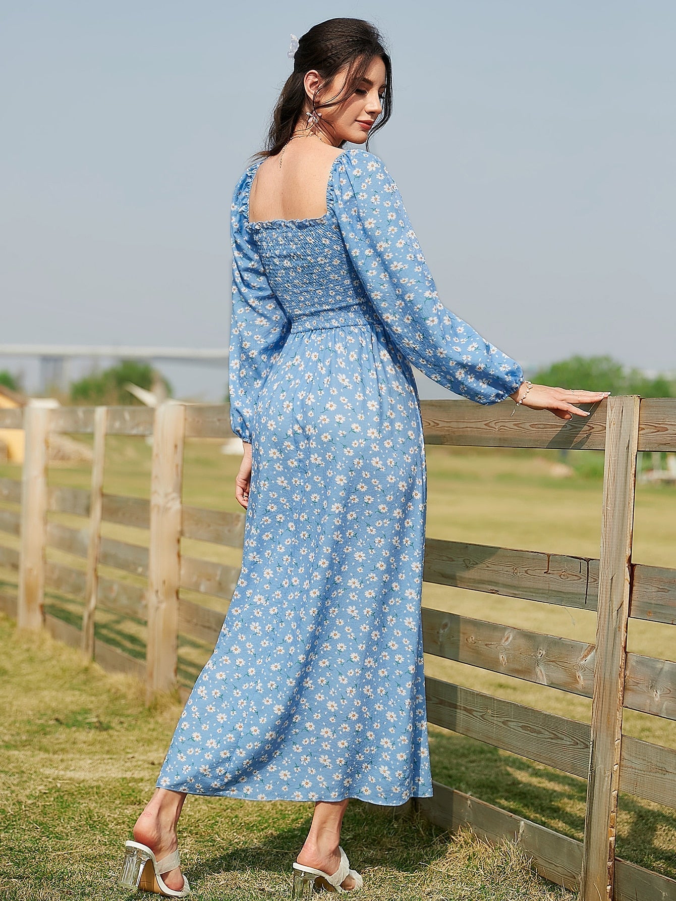 Buy SHEIN Mulvari Ditsy Floral Print Shirred Dress in Pakistan